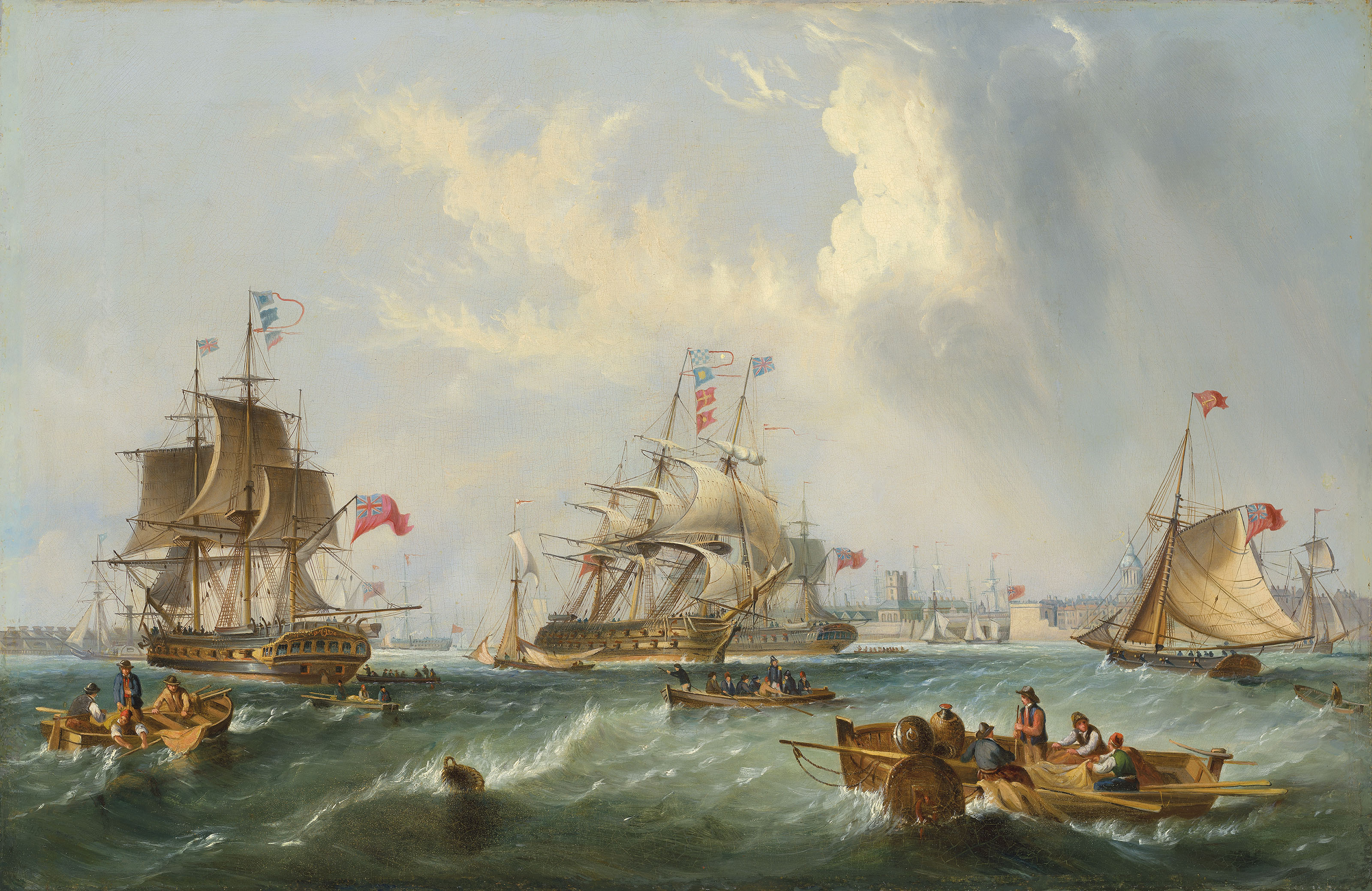 John Wilson Carmichael (17991868) , Menofwar and other shipping off Portsmouth harbour