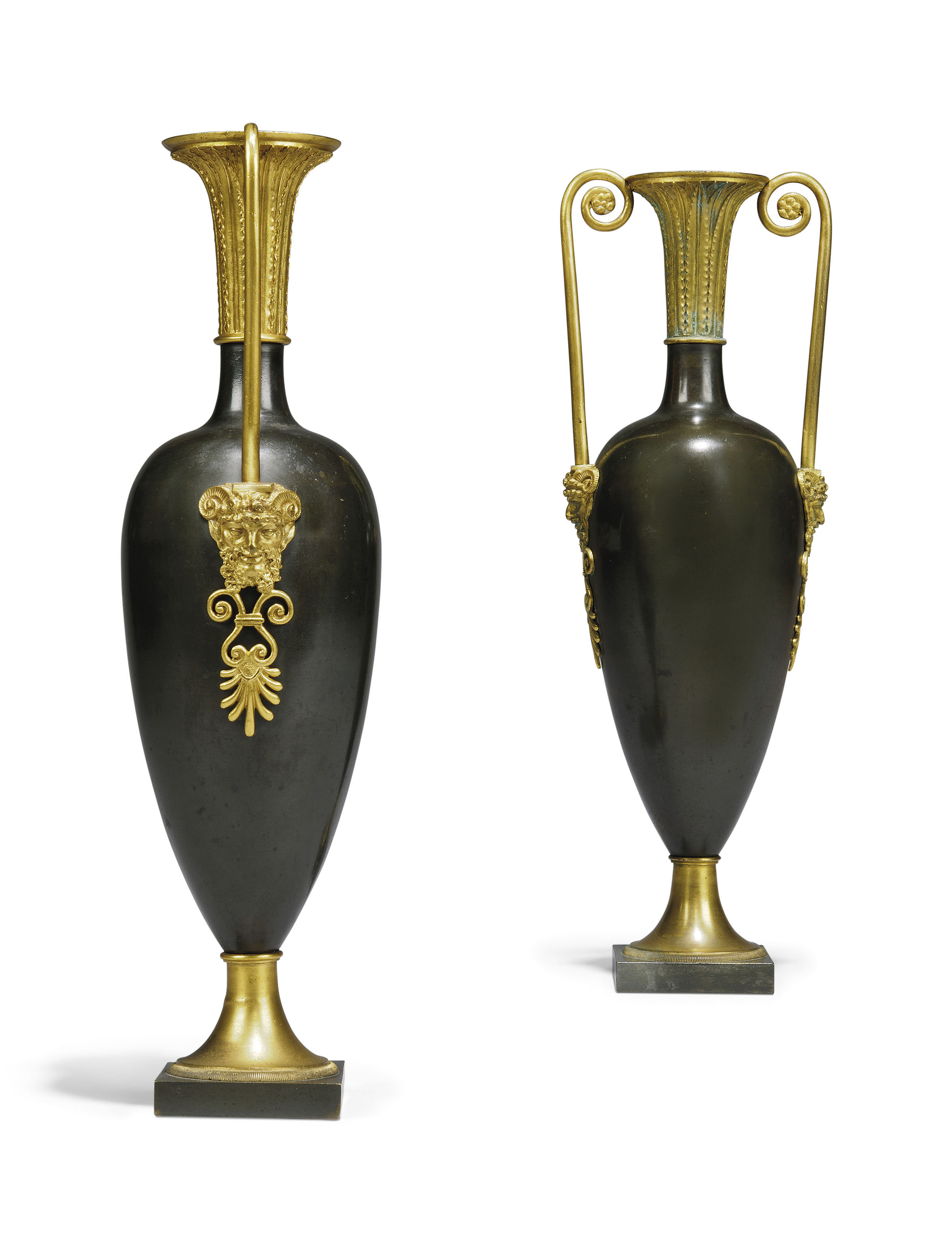 A PAIR OF EMPIRE ORMOLU AND PATINATED BRONZE ORNAMENTAL VASES
