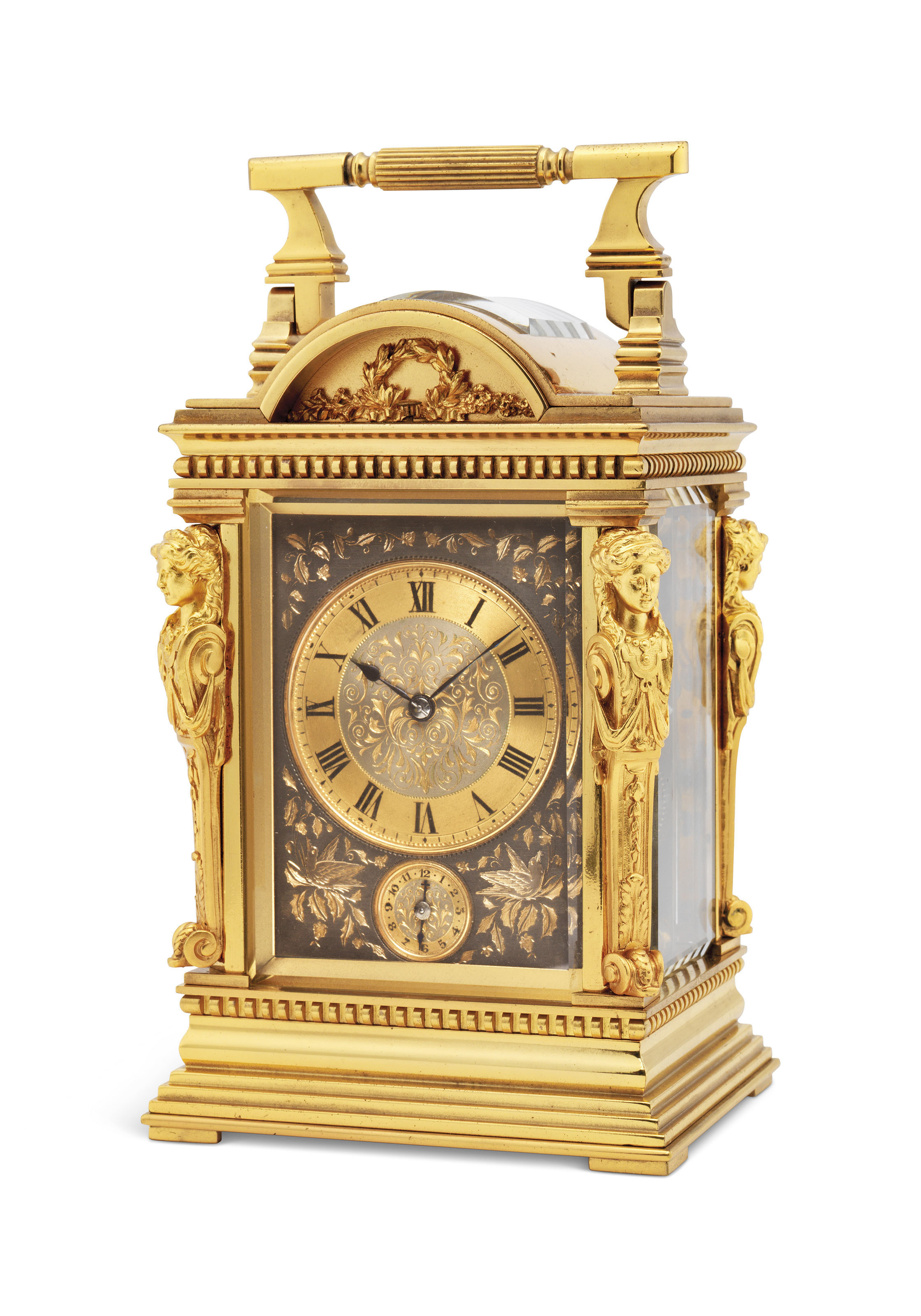 A FRENCH GILTBRASS STRIKING AND REPEATING CARRIAGE CLOCK WITH ALARM