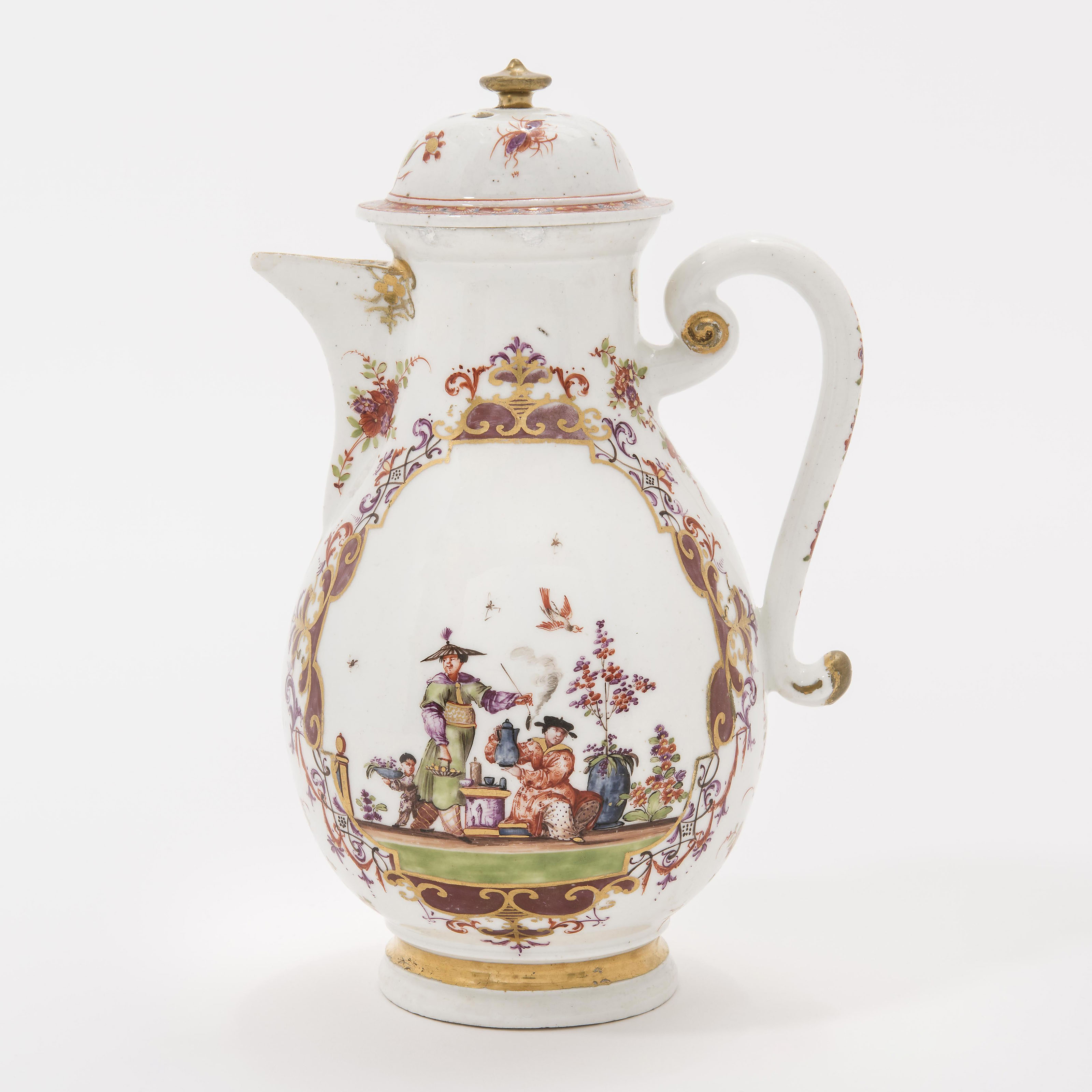 A MEISSEN PORCELAIN CHINOISERIE COFFEE-POT AND A COVER, CIRCA 1730