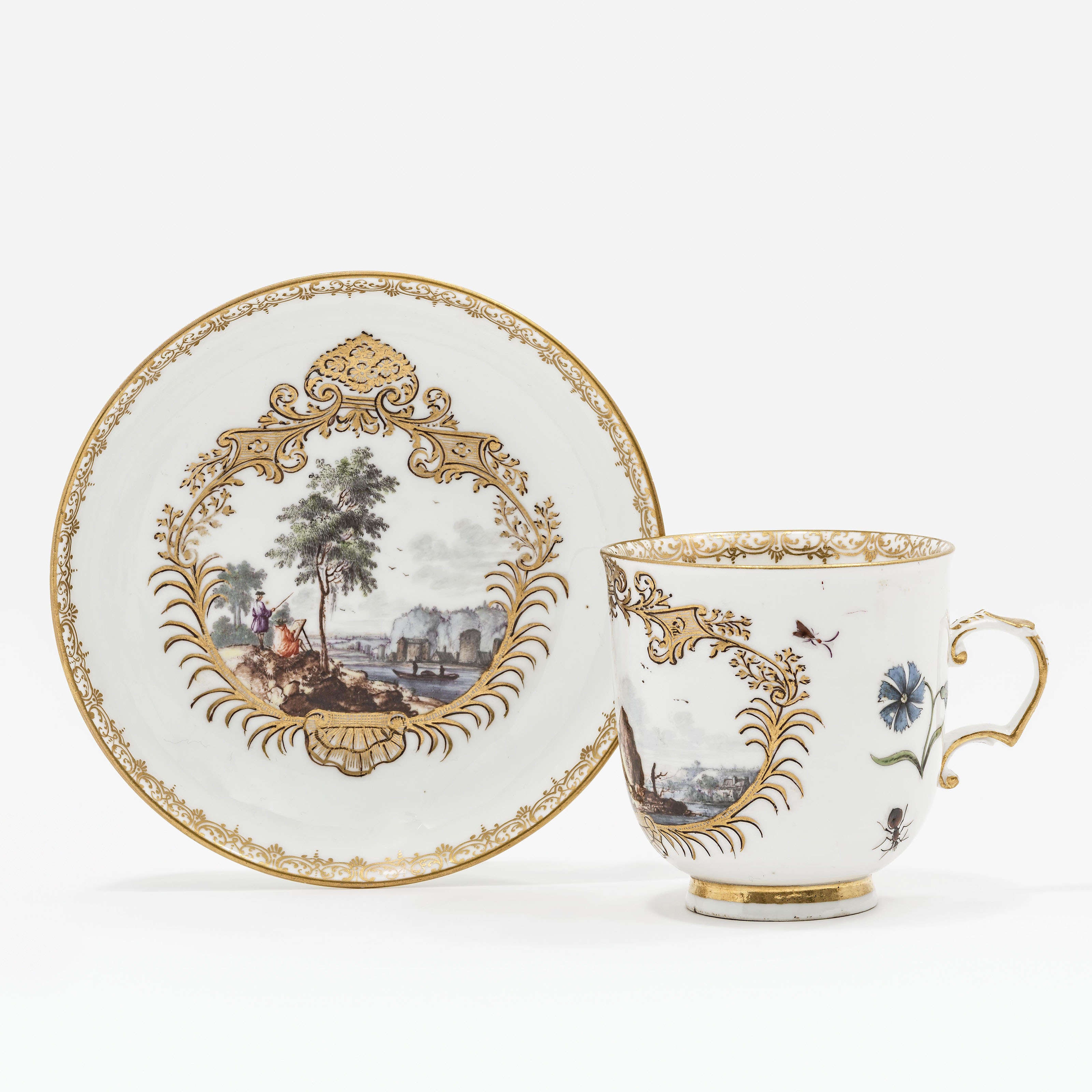 A MEISSEN PORCELAIN COFFEE-CUP AND SAUCER, CIRCA 1745, GILDER'S L