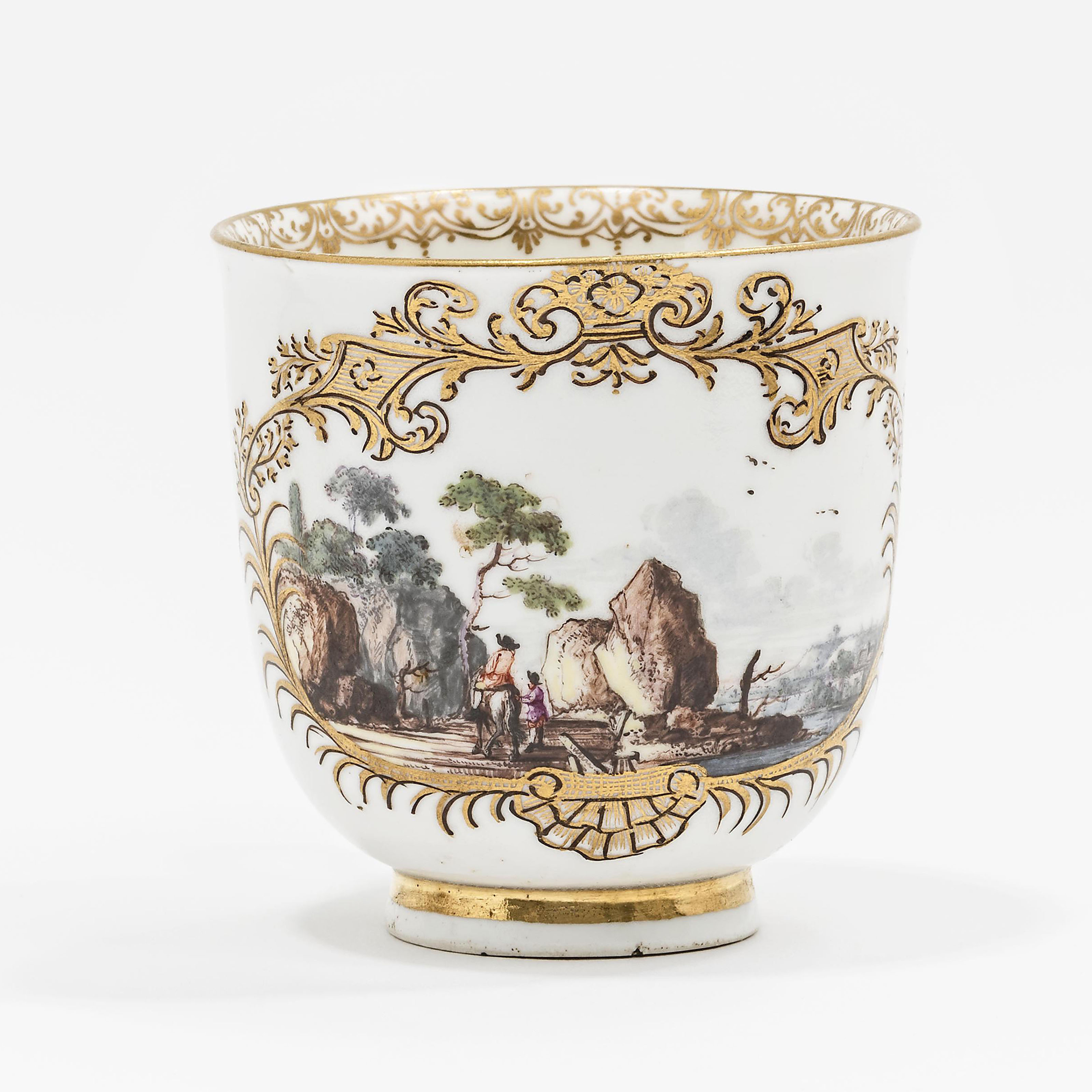 A MEISSEN PORCELAIN COFFEE-CUP AND SAUCER, CIRCA 1745, GILDER'S L