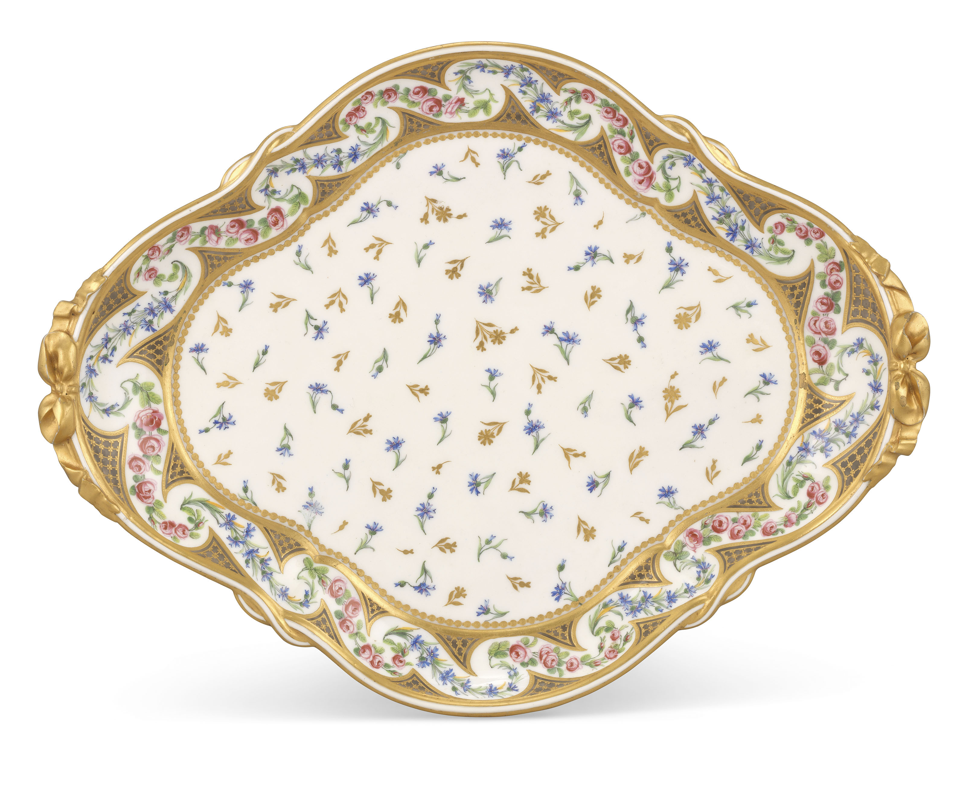 A SEVRES PORCELAIN QUATREFOIL TRAY , CIRCA 1781, BLUE INTERLACED L'S