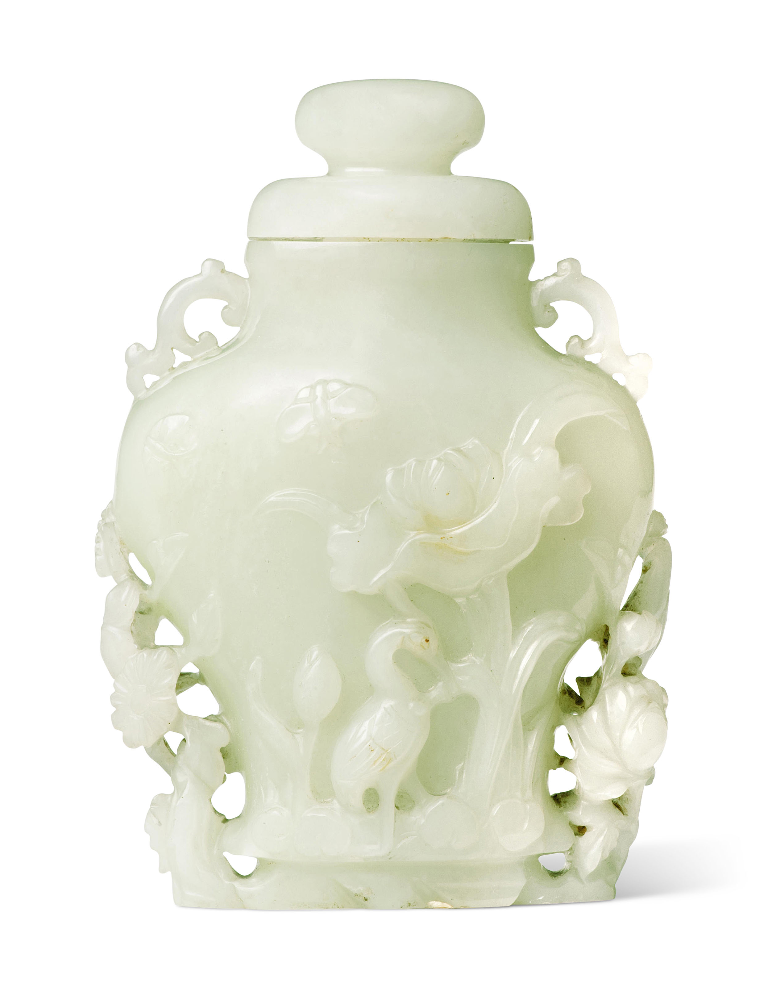 A SMALL WHITE JADE 'BIRD AND FLOWER' VASE AND A COVER, 19TH EARLY