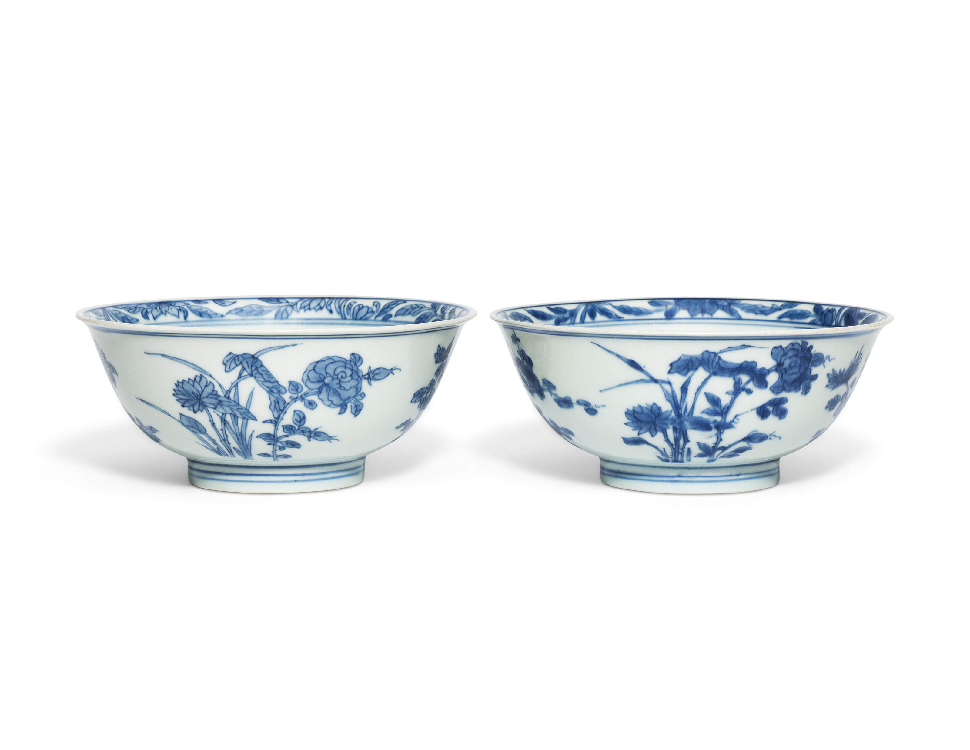清順治/康熙青花花卉紋碗一對「奇石寶鼎之珍」款, SHUNZHI-KANGXI