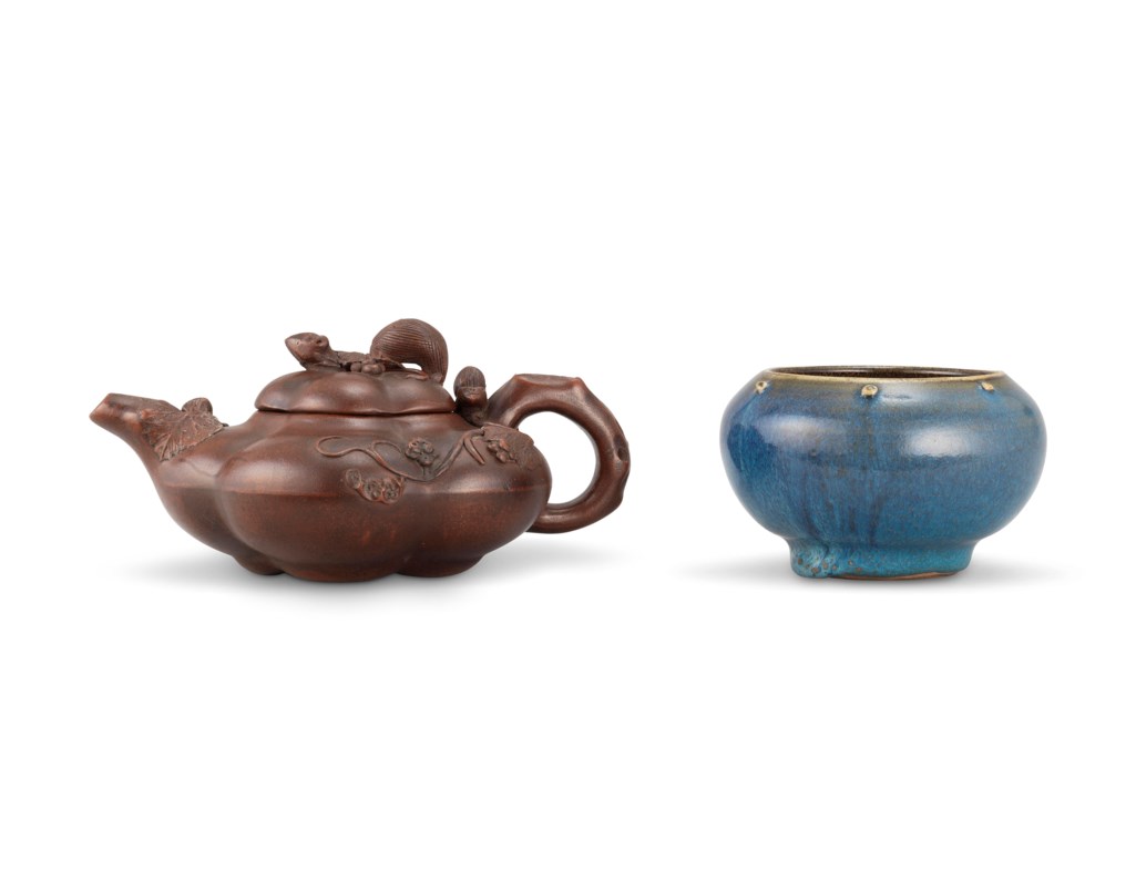 A YIXING TEAPOT AND COVER AND A SHIWAN BLUEGLAZED JAR, 20TH CENTURY
