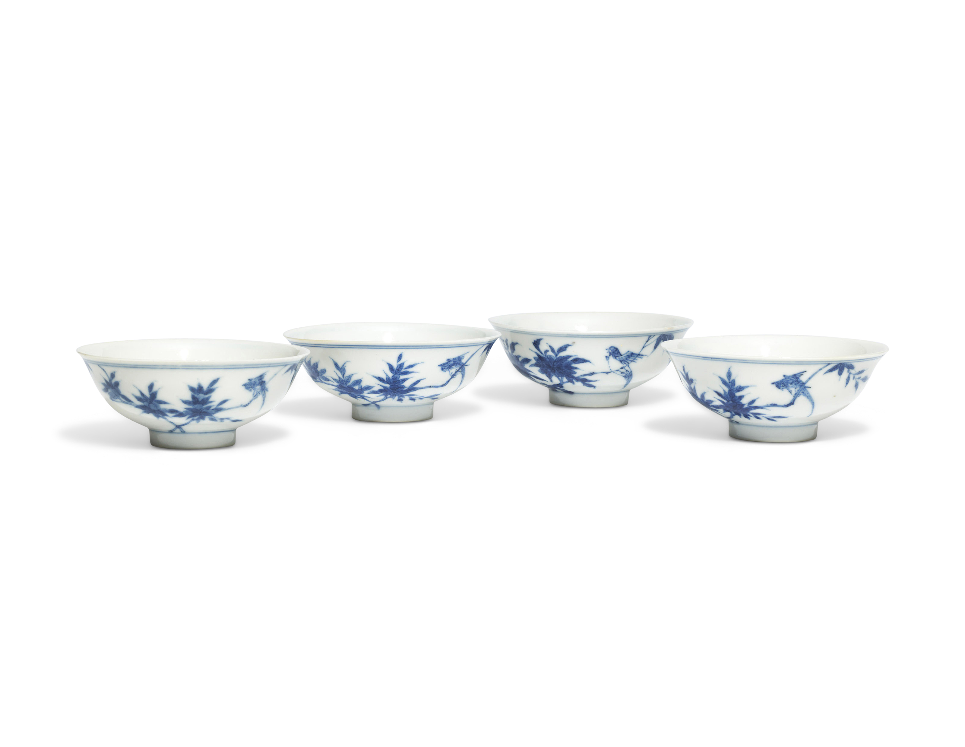 清光绪青花花鸟图碗六字楷书款一组四件, GUANGXU MARKS IN