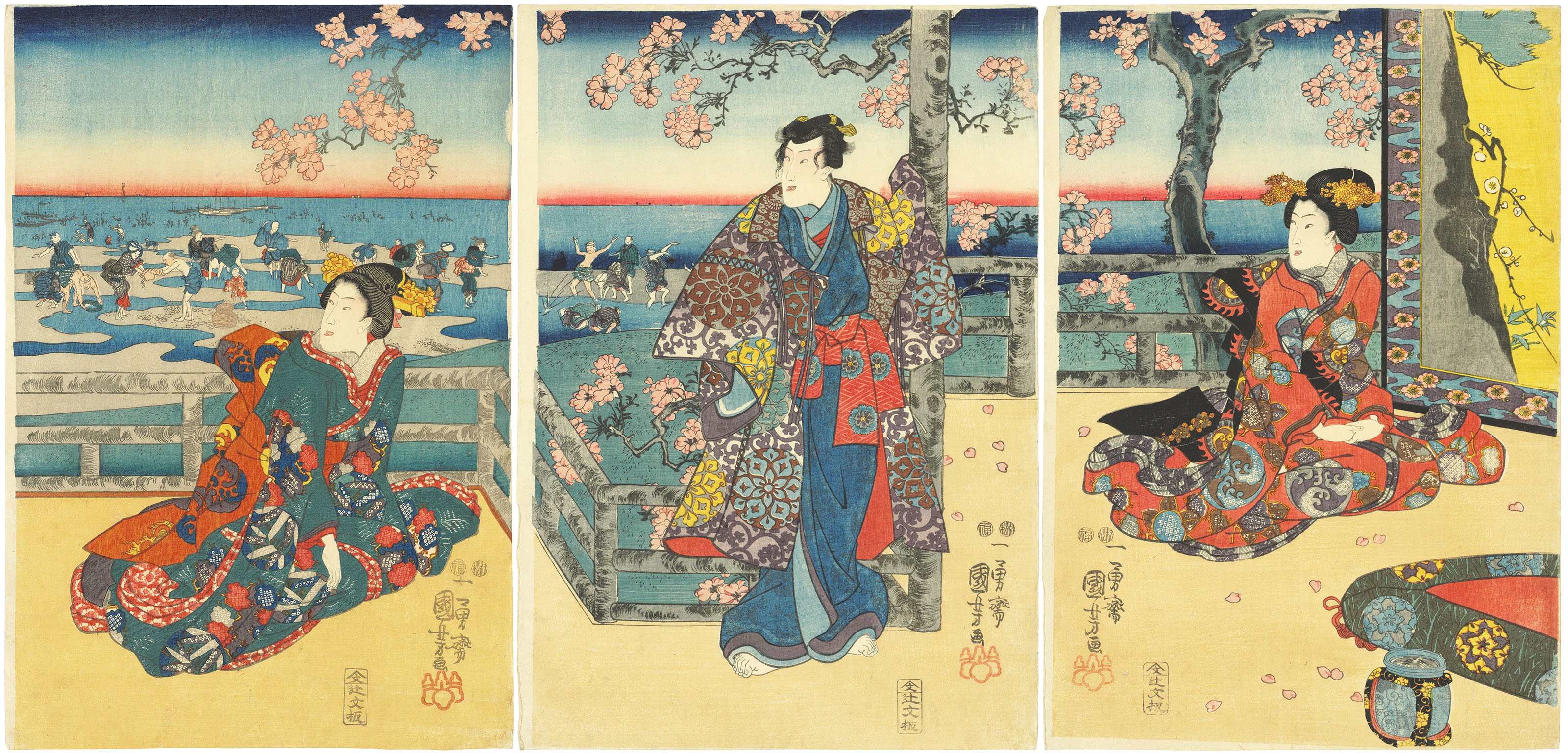 KEISAI EISEN (1790-1848) UTAGAWA KUNISADA (1786-1865) UTAGAWA KUNIYOSHI  (1797-1861), The Seven Gods of Good Fortune arriving in a treasure boat at  dawn on New Year's Day | Christie's