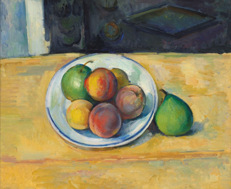 Paul Cézanne (1839-1906), Nature morte de pêches et poires, painted in 1885-1887. Oil on canvas. 15 x 18⅛ in (38 x 46.3 cm). Sold for £21,203,750 on 27 February 2019 at Christie’s in London