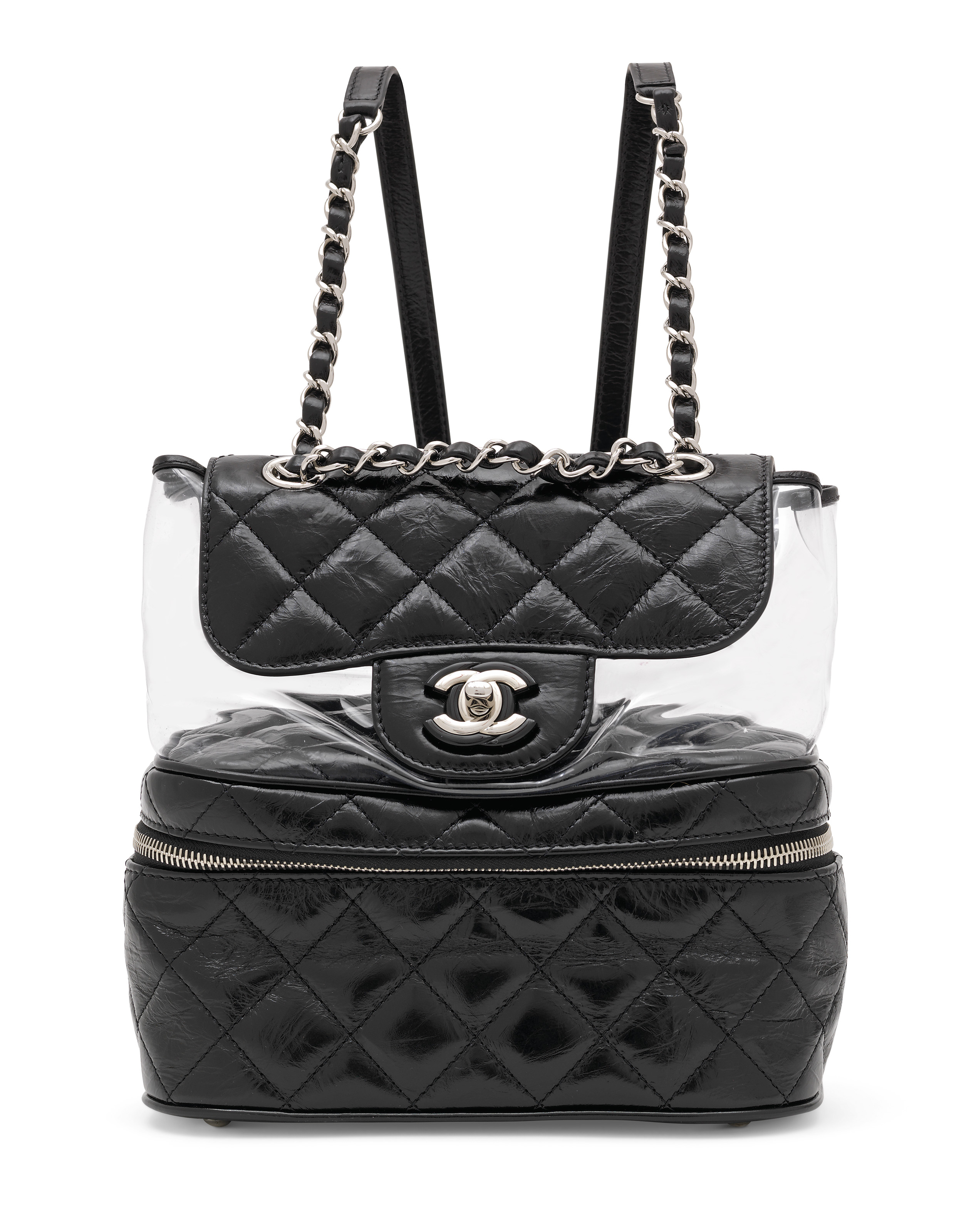 A CLEAR PVC GLAZED BLACK LEATHER VANITY FLAP BACKPACK WITH
