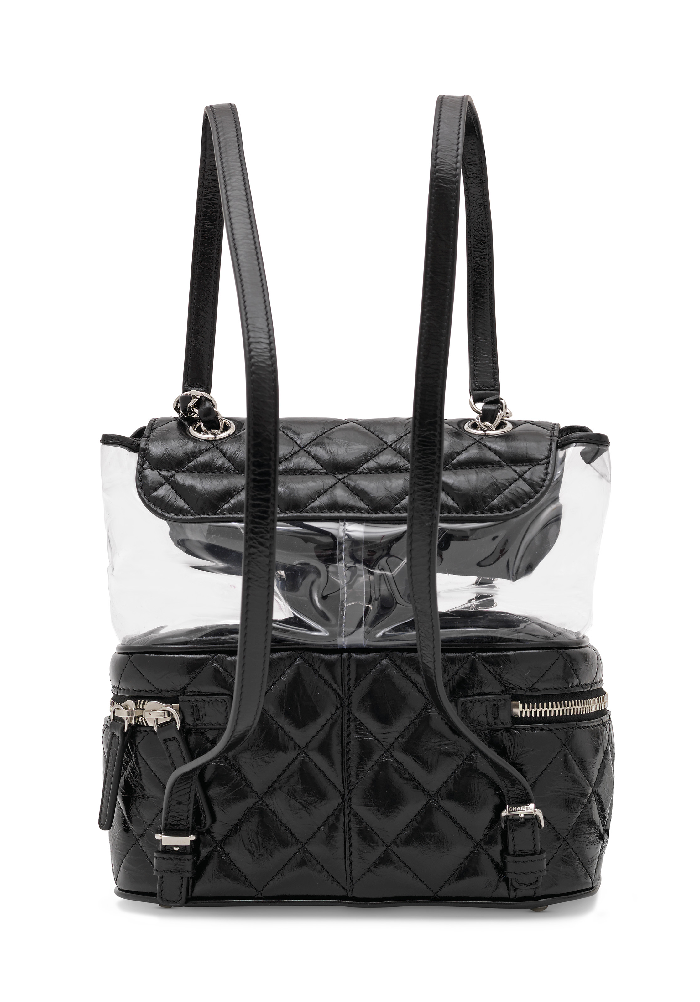 A CLEAR PVC GLAZED BLACK LEATHER VANITY FLAP BACKPACK WITH
