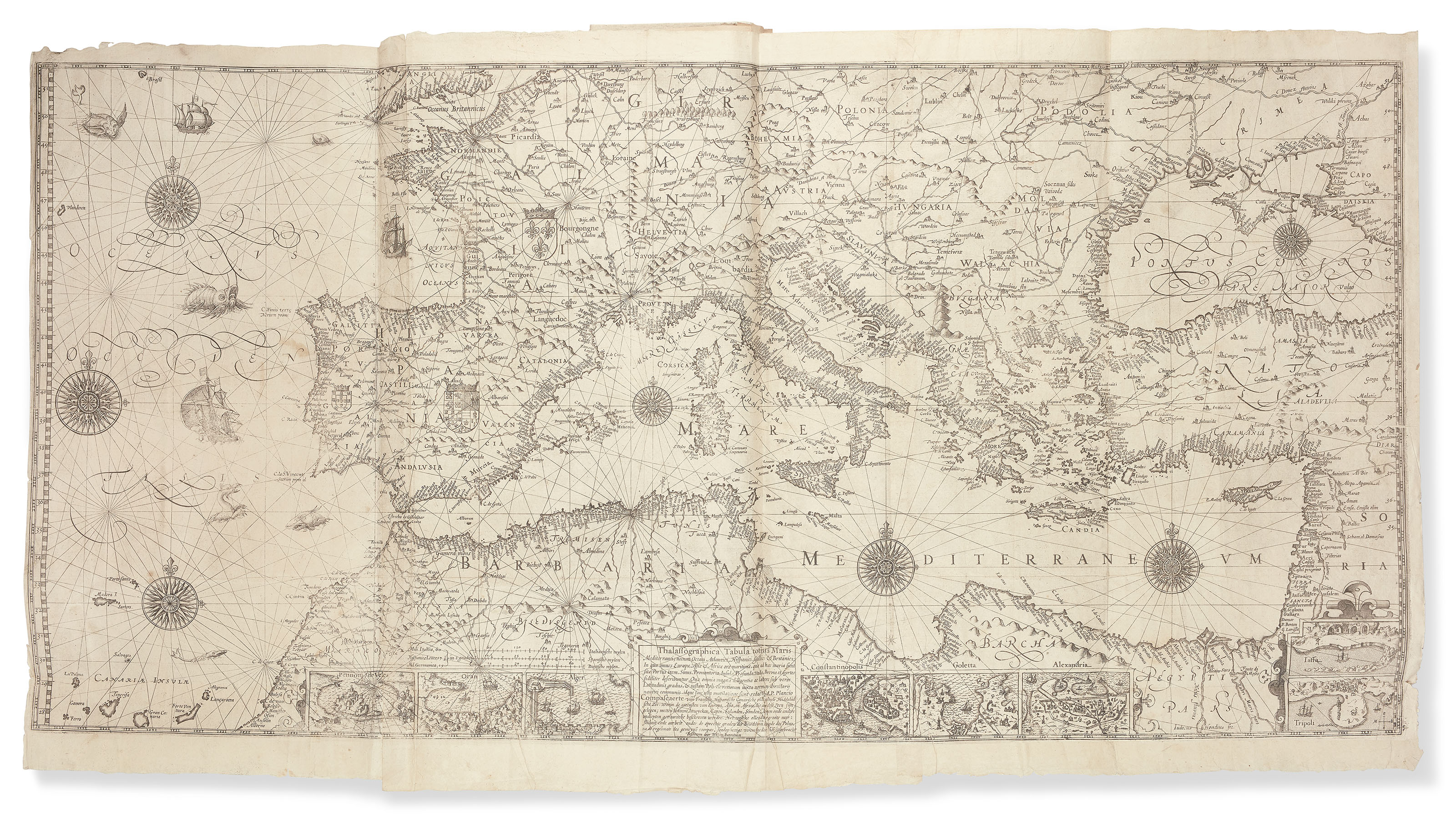 Willem Barentsz (c. 1550-1597). Caertboeck vande Midlandtsche Zee [Description de la Mer Mediterrannee auquel son delinees &amp; descriptes au vif toutes les costes de la Mer Mediterrannee: Commen&ccedil;ant de Gibraltar le long de Granade, Valence, Cataloigne, Provence &amp; Italie]. Amsterdam, 1607. Folio (420 x 280 mm). French text edition, engraved title, without the printed overslip in French, 1 folding map on 3 joined sheets and 9 double-page engraved maps. Sold for &pound;93,750 on 5 June 2019 at Christie&rsquo;s in London