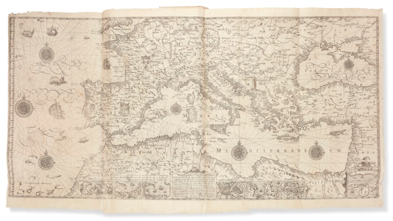 Willem Barentsz (c. 1550-1597). Caertboeck vande Midlandtsche Zee [Description de la Mer Mediterrannee auquel son delinees & descriptes au vif toutes les costes de la Mer Mediterrannee Commençant de Gibraltar le long de Granade, Valence, Cataloigne, Provence & Italie]. Amsterdam, 1607. Folio (420 x 280 mm). French text edition, engraved title, without the printed overslip in French,