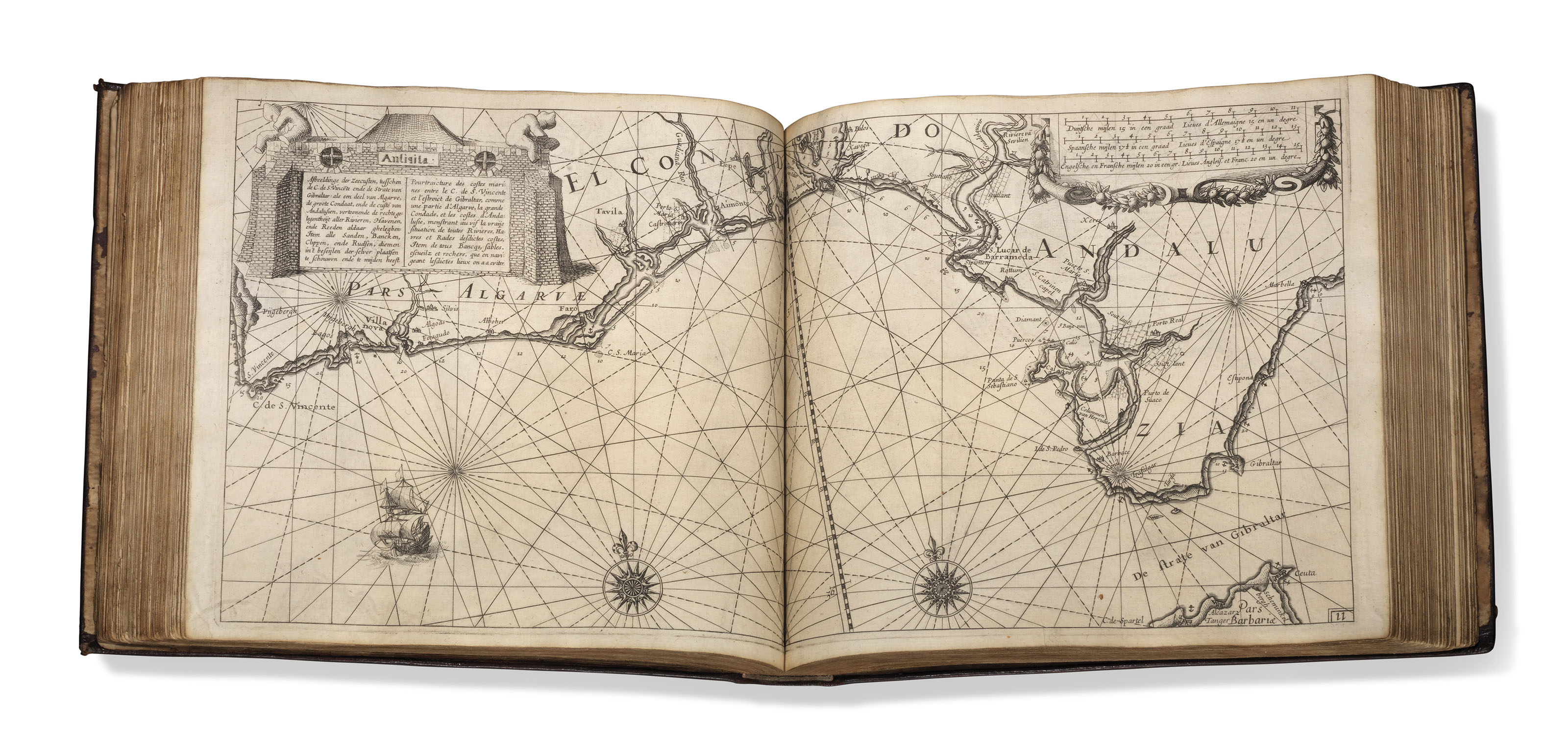 Willem Janszoon Blaeu (1588-1664). Le Flambeau de la Navigation monstrant la description &amp; delineation de toutes les Costes &amp; Havres de la Mer Occidentale, Septentrionale &amp; Orientale,&nbsp;1620. Three parts in one volume, oblong folio (265 x 295 mm). Sold for &pound;106,250 on 5 June 2019 at Christie&rsquo;s in London