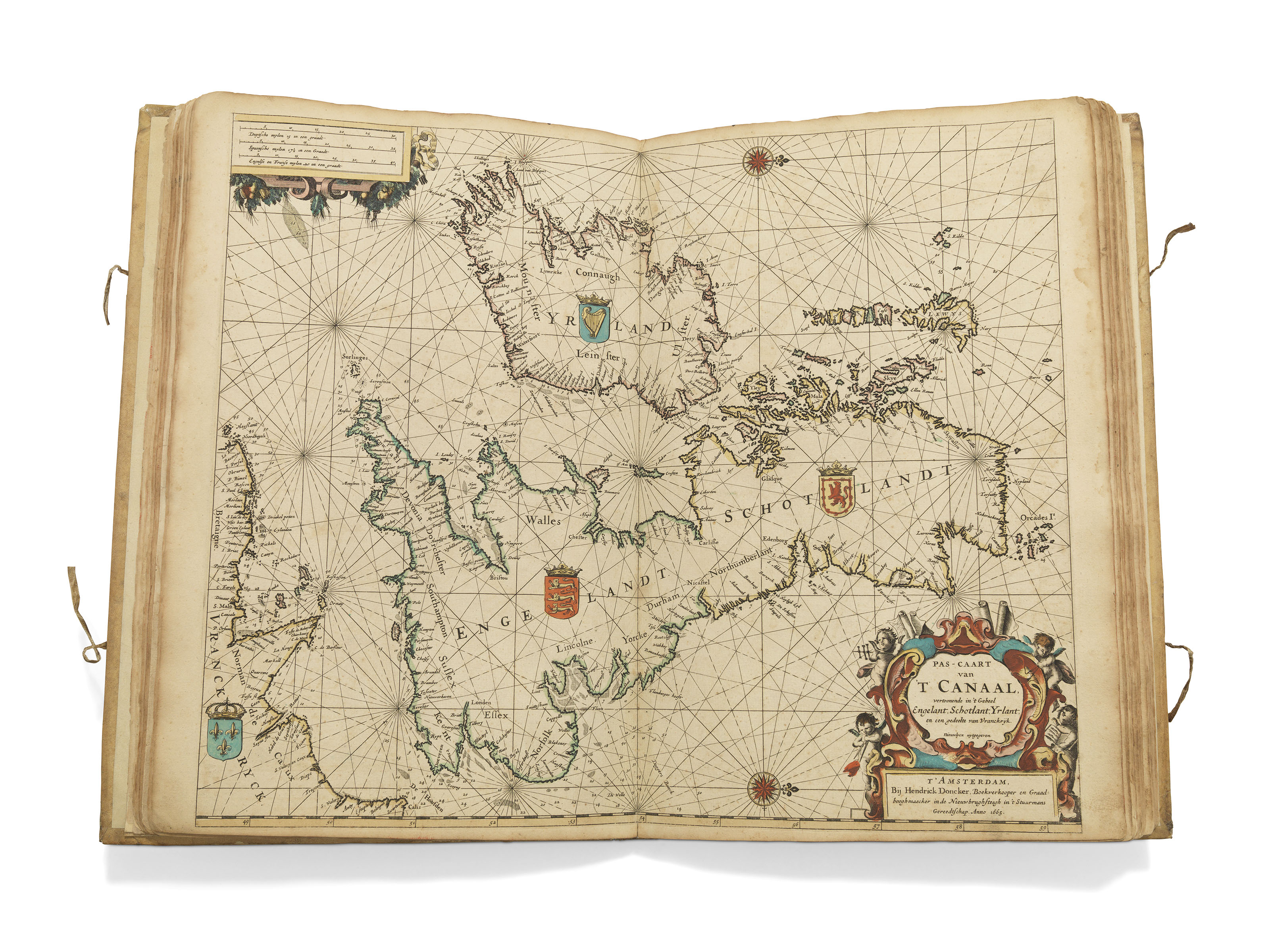Hendrick Doncker (1626-1699),&nbsp;De Zee-Atlas of Water-Waerelt. Amsterdam, 1666.&nbsp;Folio (455 x 289 mm). Hand-coloured engraved title and 32 engraved double-page charts. Estimate: &pound;50,000-70,000. Offered in Beyond the Horizon: The Mopelia Collection of Fine Atlases and Travel Books on 5 June 2019 at Christie&rsquo;s in London