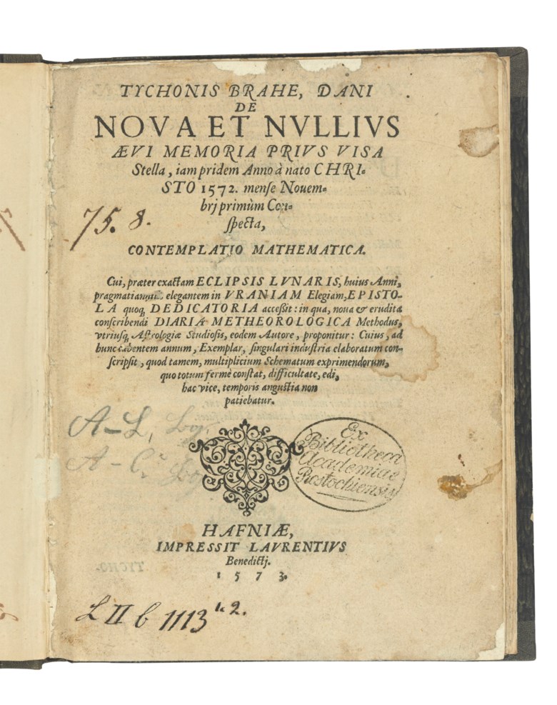 Brahe, Tycho (1546-1601). First edition of De nova… stella, the incontrovertible refutation of the Aristotelian model of an unchanging celestial realm. Quarto. Sold for £175,000 on 9 July 2019 at Christie’s in London