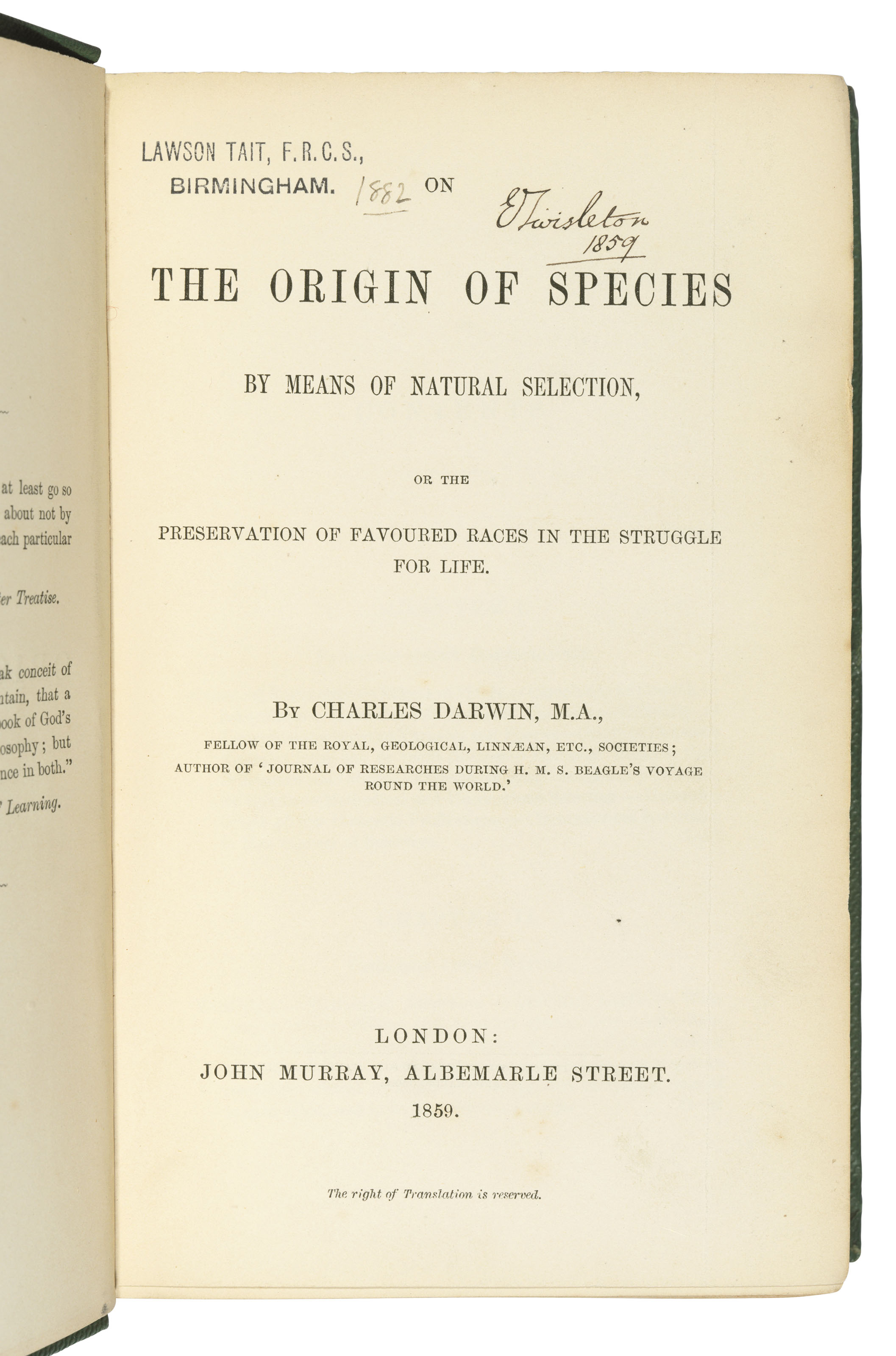 DARWIN, Charles Robert (18091882). On the Origin of