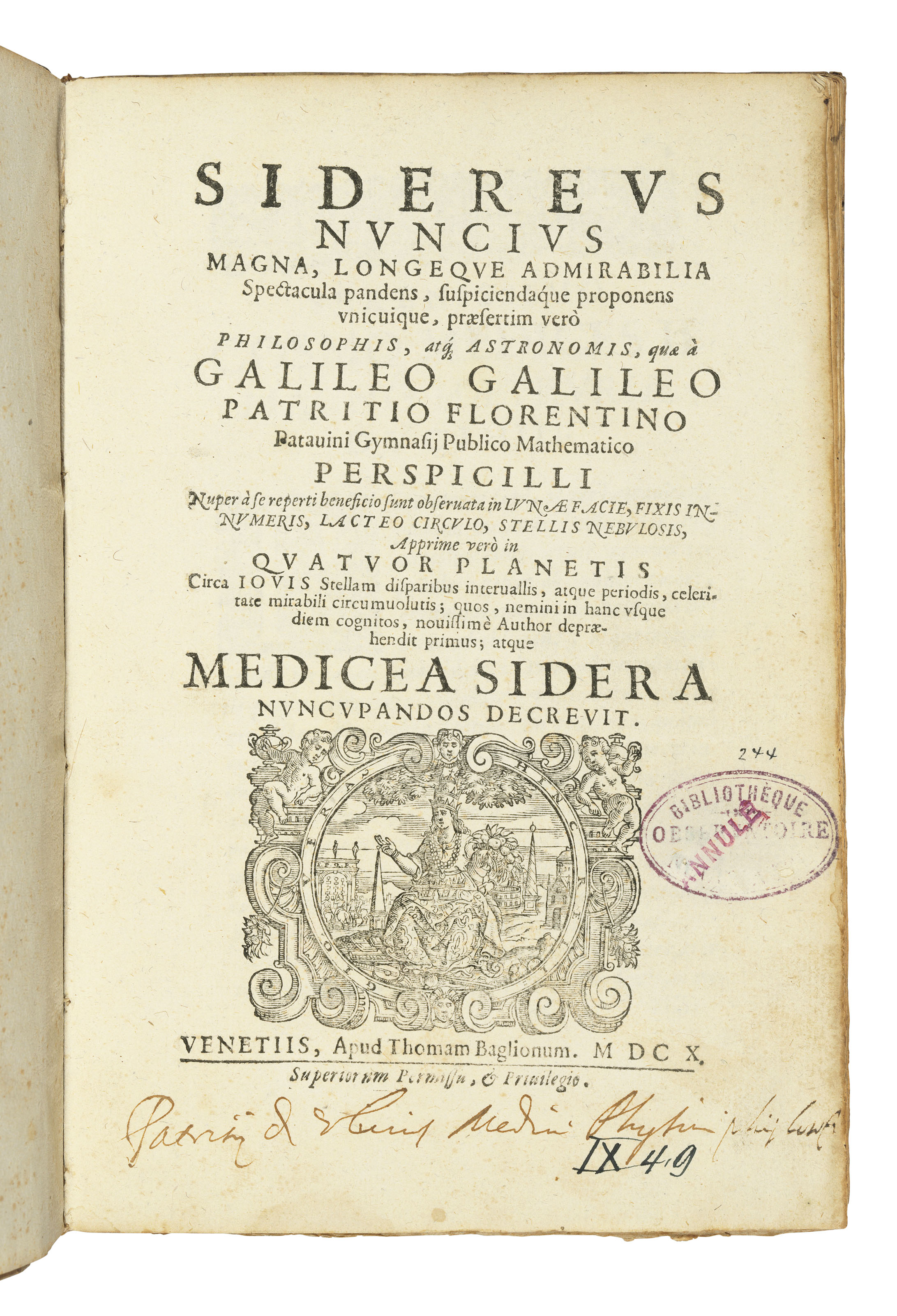 Galilei, Galileo (1564-1642). Sidereus Nuncius. First edition, announcing the first astronomical discoveries made with the telescope, [March] 1610.&nbsp;Quarto. Sold for &pound;347,250 on 9 July 2019 at Christie&rsquo;s in London
