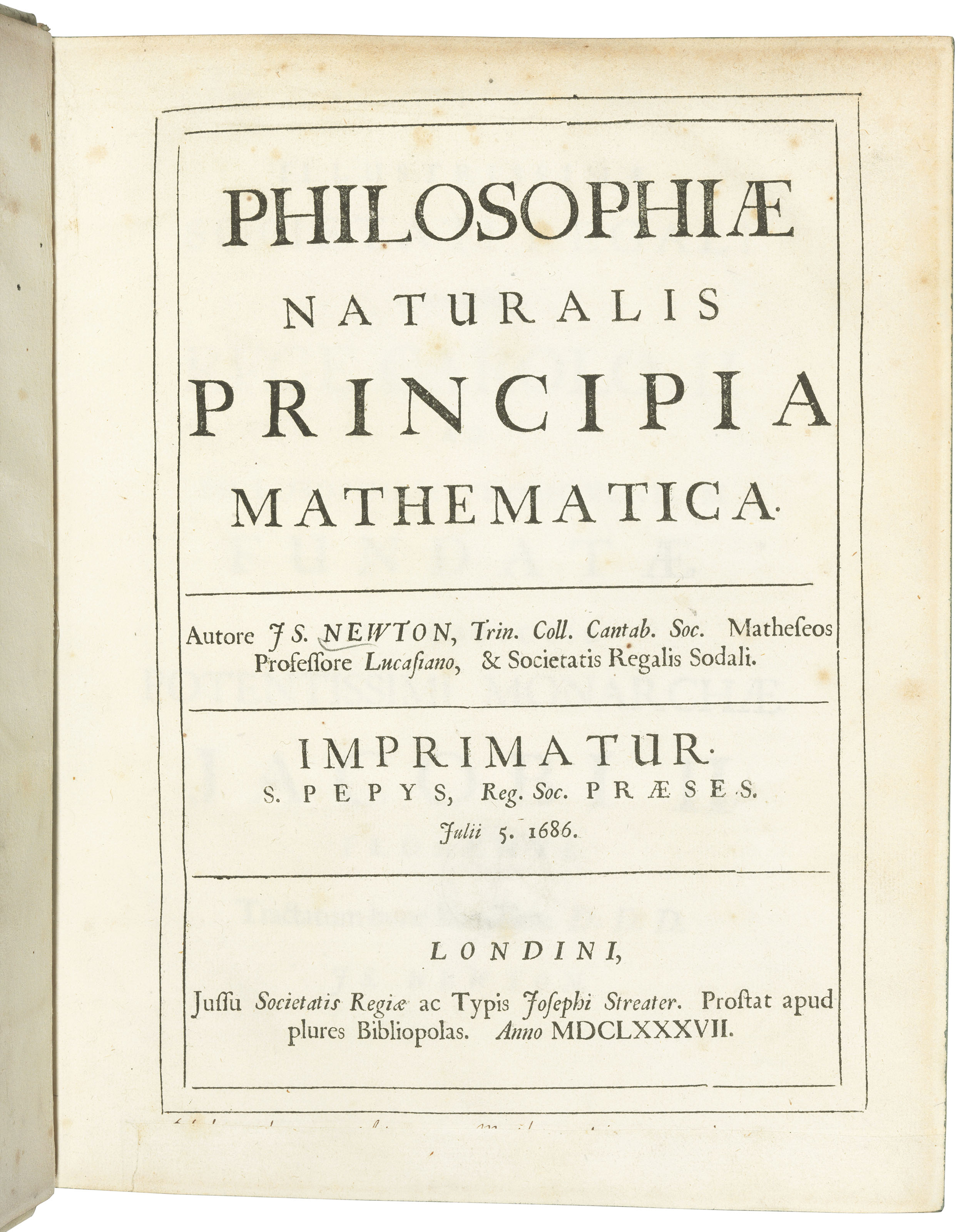 Newton, Sir Isaac (1642-1727). Philosophiae Naturalis Principia Mathematica. Edited by Edmond Halley (1656-1743). London: Joseph Streater for the Royal Society [at the expense of Edmond Halley], to be sold by various booksellers, 1687.&nbsp;Estimate: &pound;250,000-350,000. Offered in Important Scientific Books from the Collection of Peter and Margarethe Braune on 9 July 2019 at Christie&rsquo;s in London