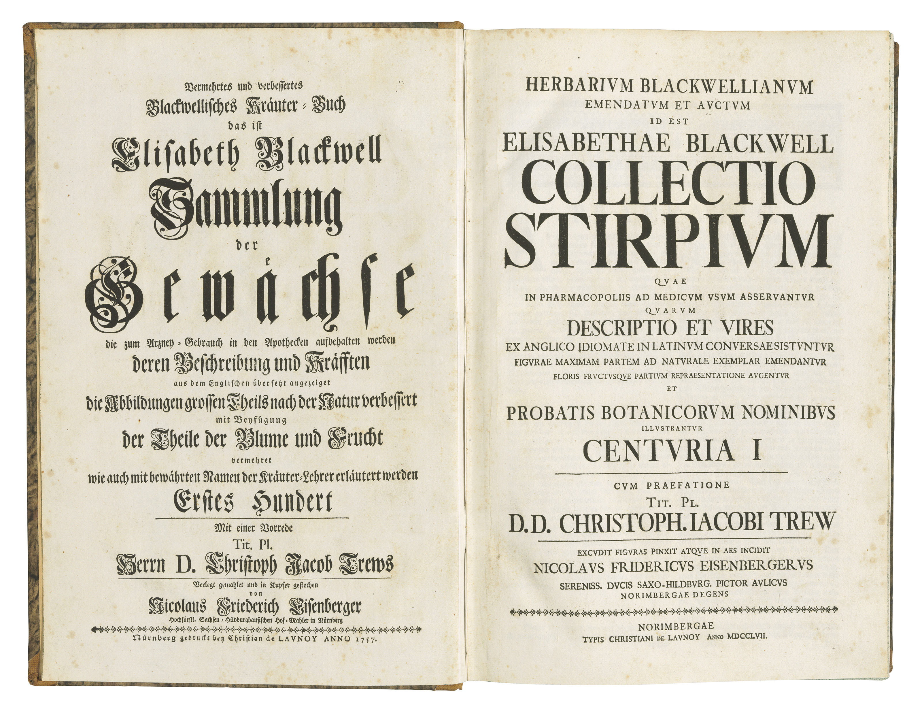 Blackwell Elizabeth C 1700 1758 Herbarium Blackwellianum Emendatum Et Auctum Id Est Elisabethae Blackwell Collectio Stirpium Quae In Pharmocopoliis Ad Medicum Usum Asservantur Edited By Christoph Trew And Others Nuremberg Christian De Launoy Vol
