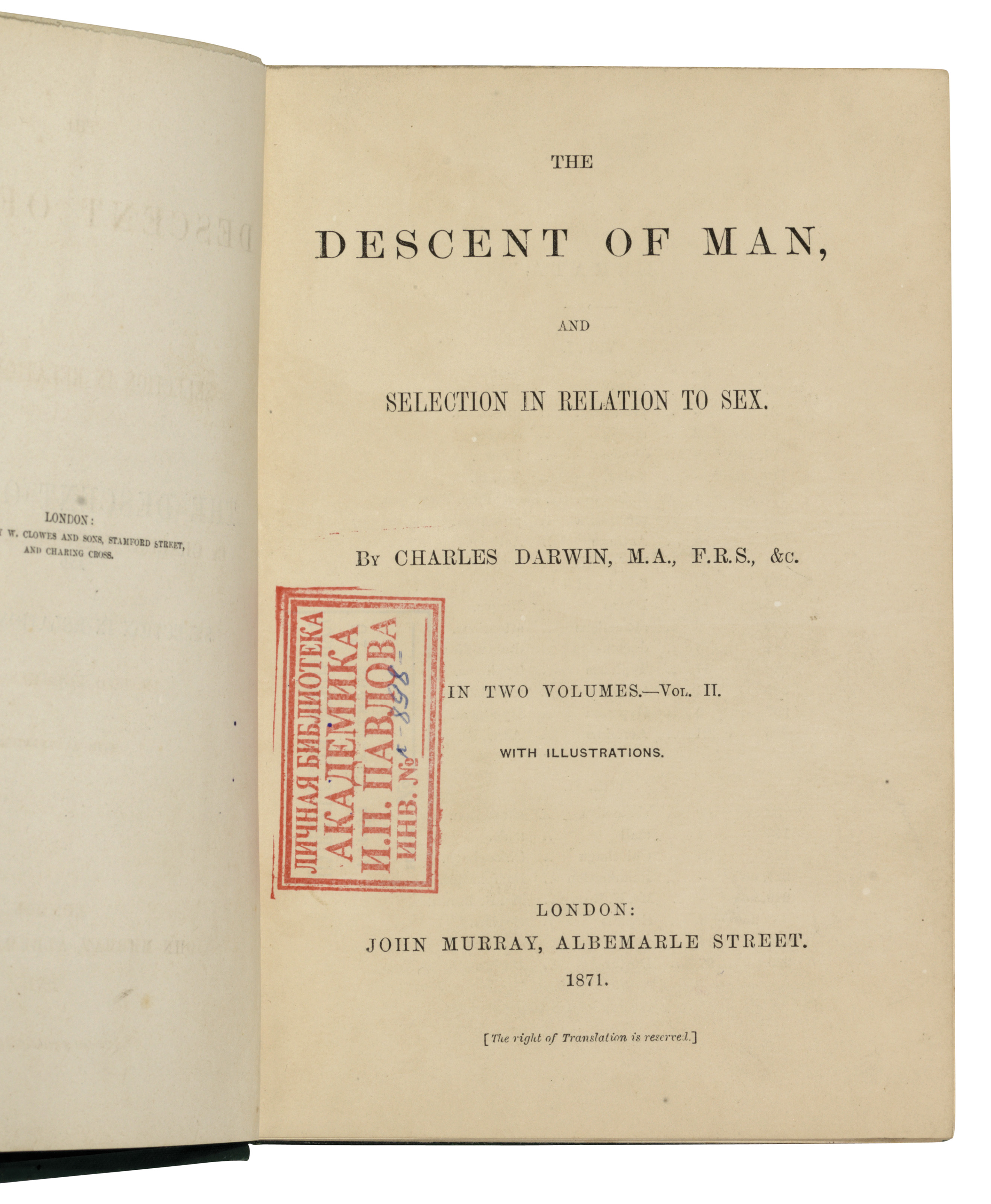 darwin charles robert 1809 1882 the descent of man and selection in relation to sex london john murray 1871