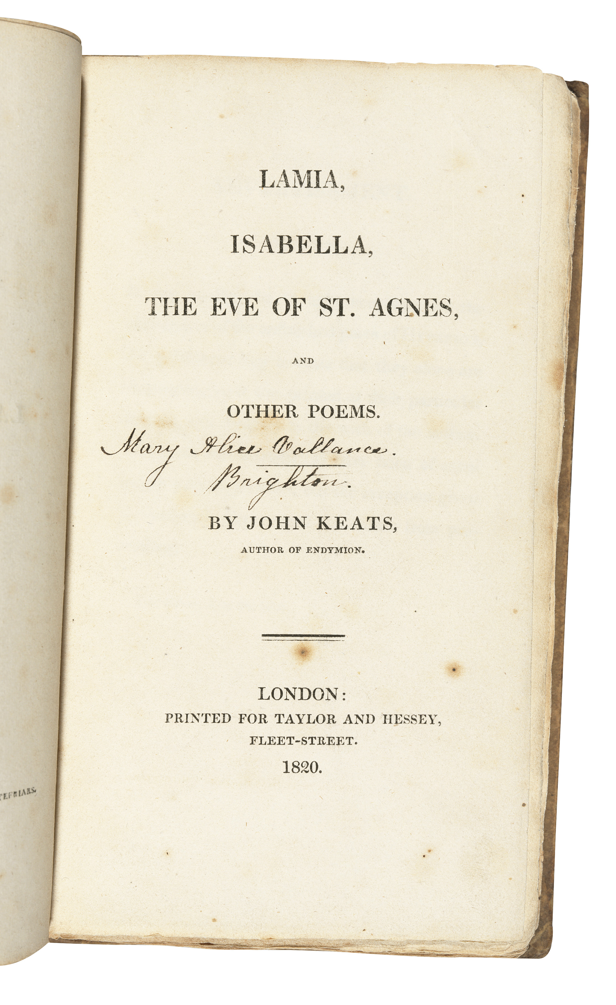 KEATS, John (17951821). Lamia, Isabella, The Eve of St. Agnes, and Other Poems. London Taylor