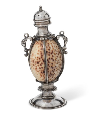 A James I silver-mounted shell casting bottle, circa 1600. 4  in (10.1  cm) high. Estimate £4,000-6,000. Offered in The David Little Collection of Early English Silver on 3 December 2019 at Christie’s in London