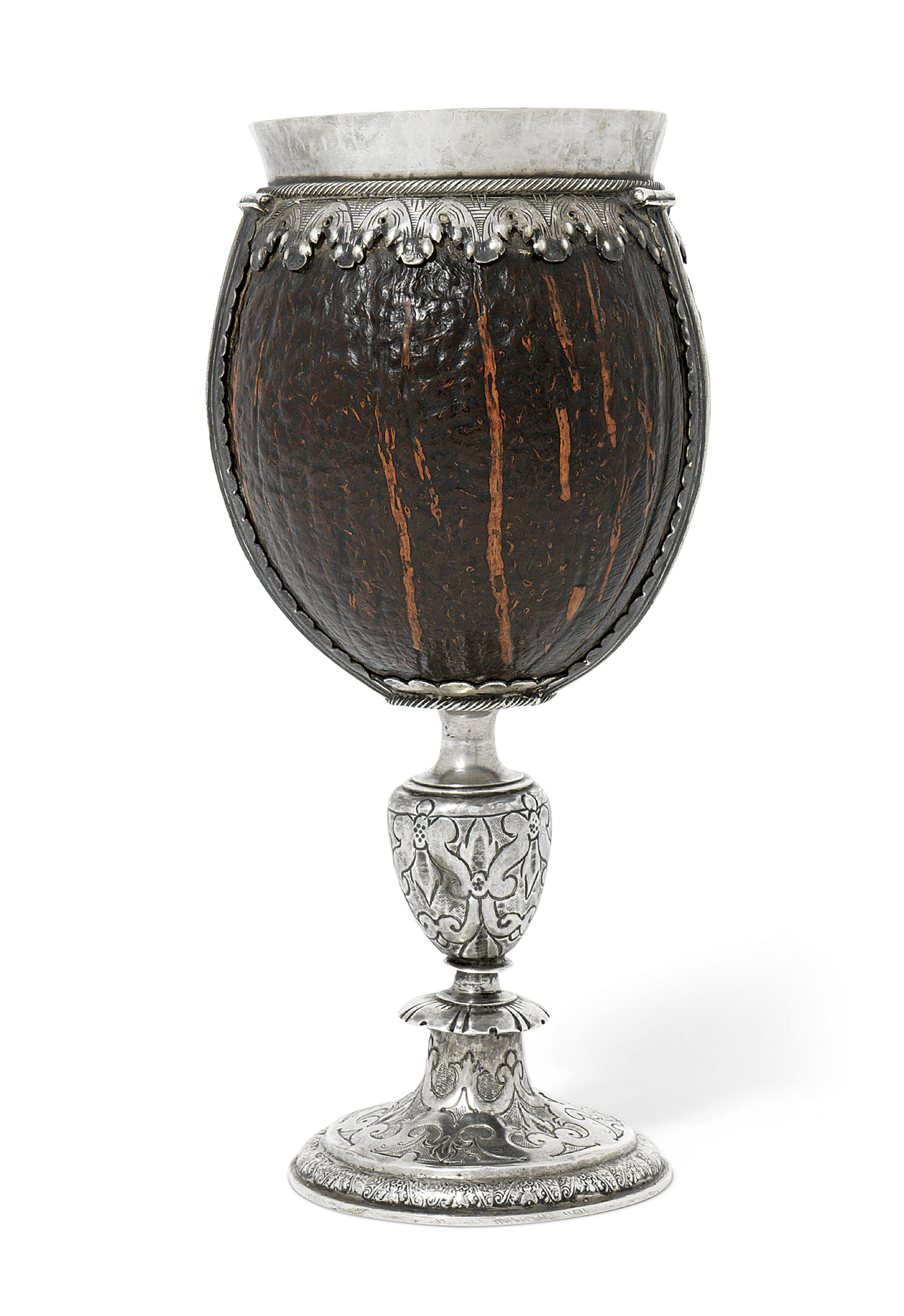 A James I silver-mounted coconut cup,&nbsp;circa 1600-1620. 8&frac34;  in (22  cm) high. Estimate: &pound;15,000-25,000. Offered in The David Little Collection of Early English Silver on 3 December 2019 at Christie&rsquo;s in London