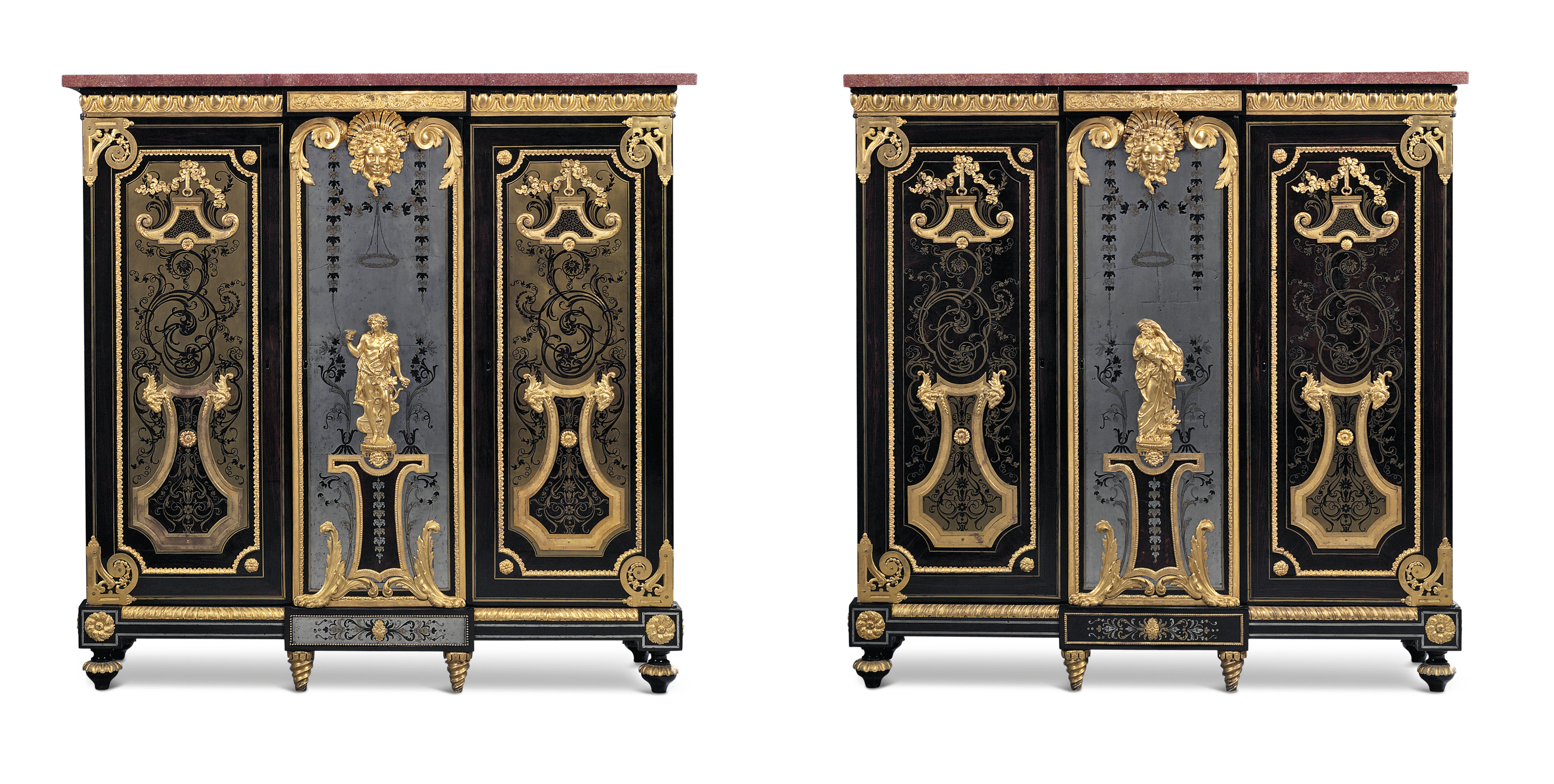 A PAIR OF LOUIS XVI ORMOLU-MOUNTED EBONY, PEWTER, BRASS AND TORT