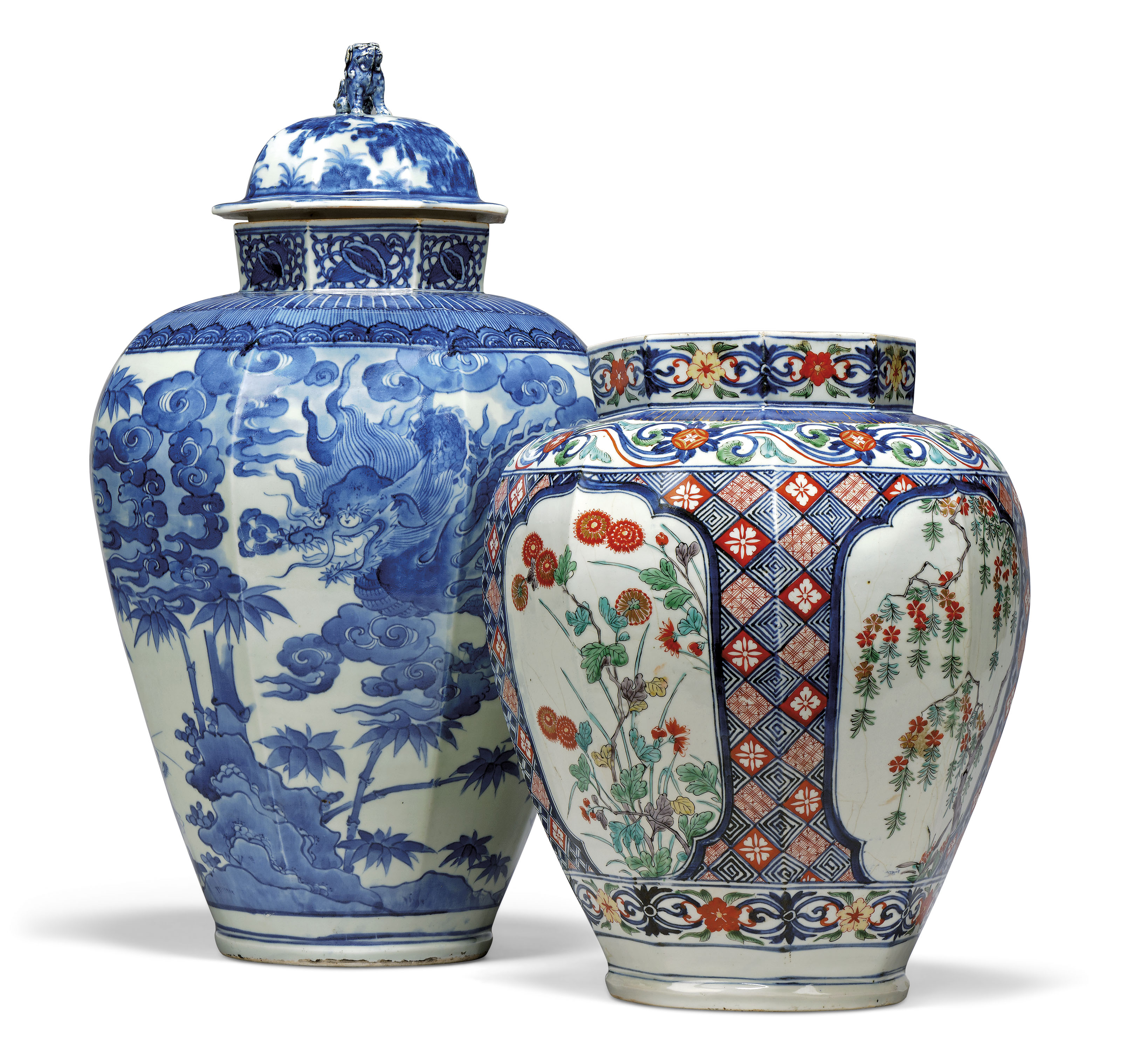 A JAPANESE ARITA BLUE AND WHITE VASE AND AN IMARI VASE