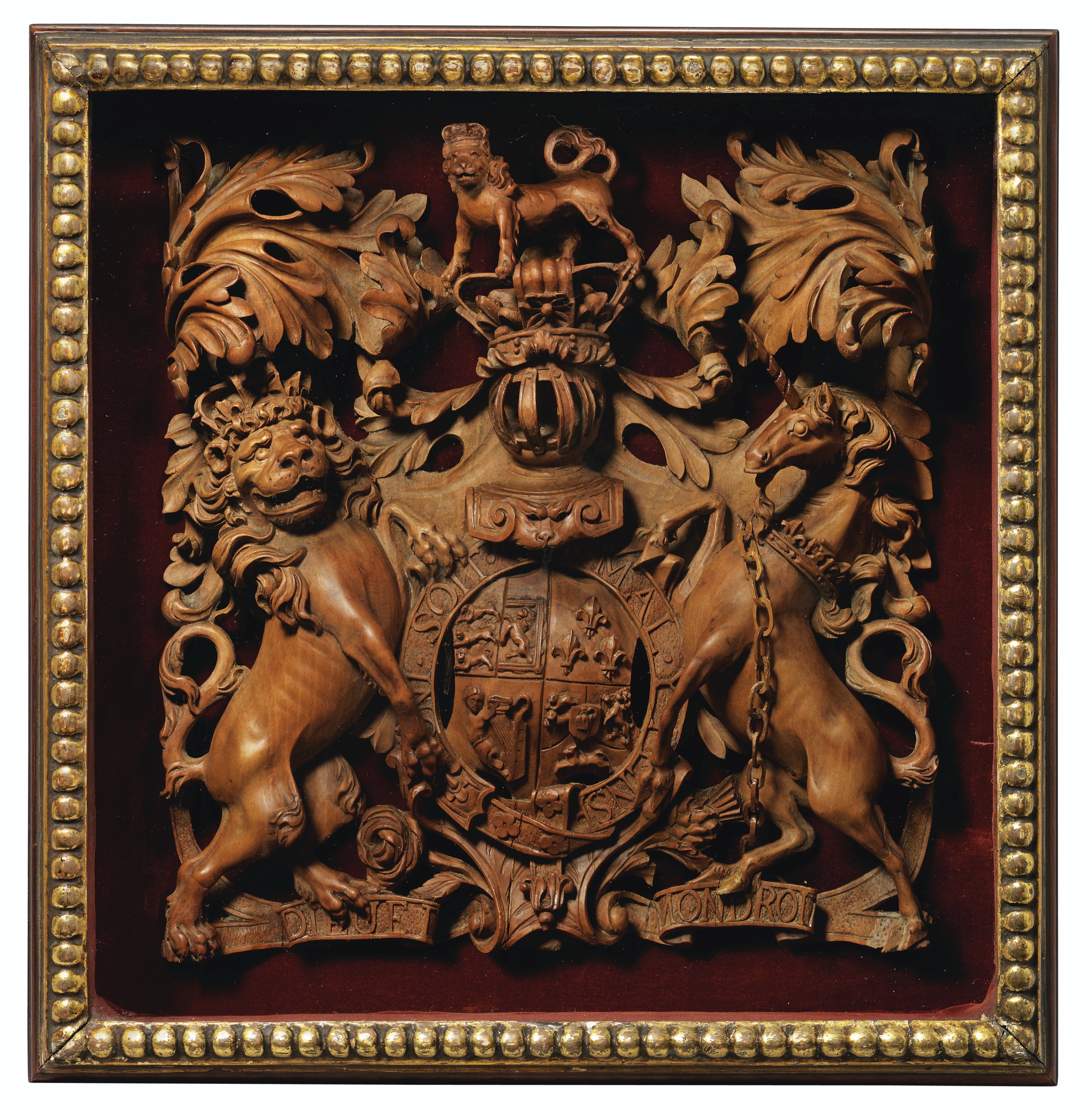 A George III pearwood carving of the royal Hanovarian coat-of-arms, late 18th century, attributed to Thomas and George Seddon. 12 in (30.5 cm) high; 11&frac34;  in (29.8 cm) wide; 3 in (7.5 cm) deep. Estimate: &pound;3,000-5,000. Offered in Property from Descendants of Their Majesties King George V and Queen Mary on 13 December 2019 at Christie&rsquo;s in London
