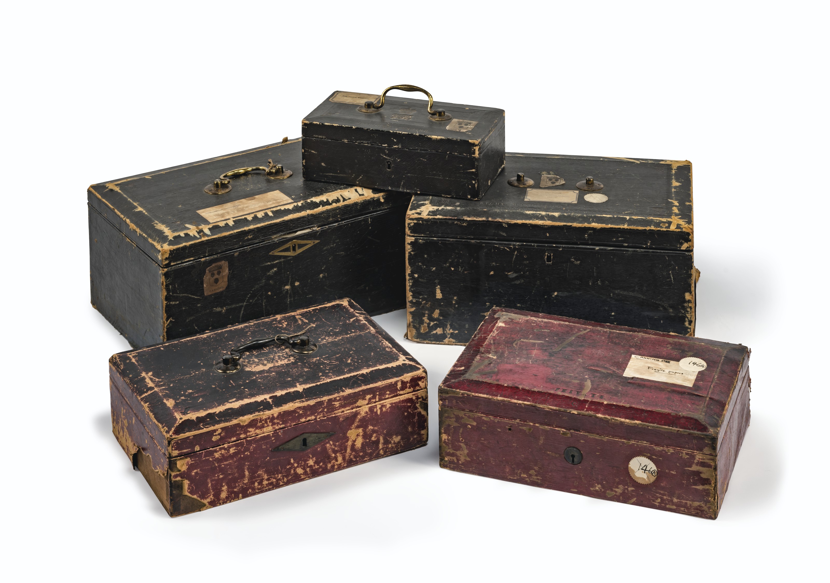 A group of five dispatch boxes, early/mid-19th century. The largest: 8¾ in (22.2 cm) high; 17½ in (44.5 cm) wide; 11¾  in (30 cm) deep. Estimate: £2,000-3,000. Offered in Property from Descendants of Their Majesties King George V and Queen Mary on 13 December 2019 at Christie’s in London