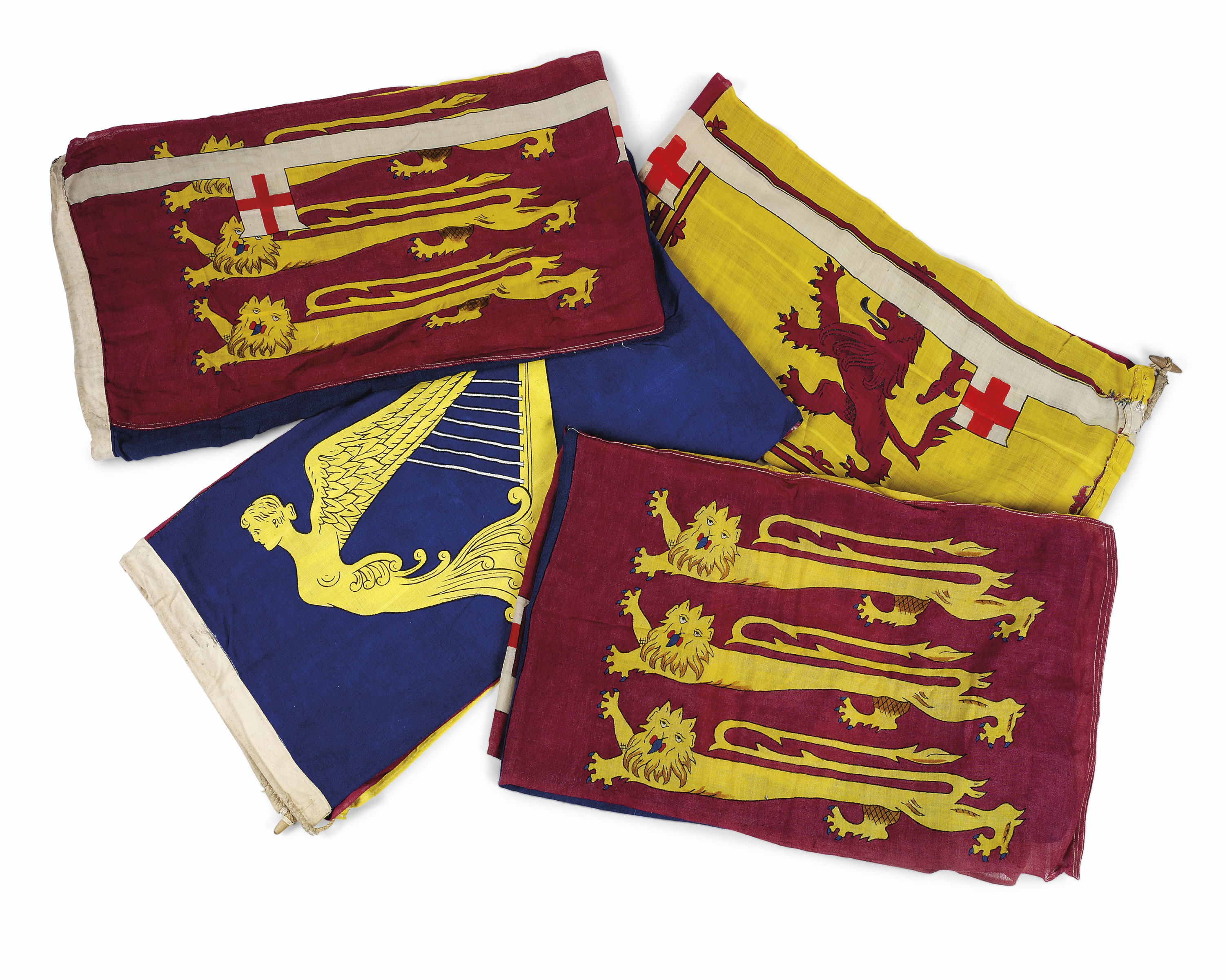 Four royal standards of H.R.H. Princess Mary, Princess Royal and Countess of Harewood, first half 20th century. 89 in (226 cm) high; 35½ in (90 cm) wide and similar. Estimate: £1,500-2,500. Offered in Property from Descendants of Their Majesties King George V and Queen Mary on 13 December 2019 at Christie’s in London