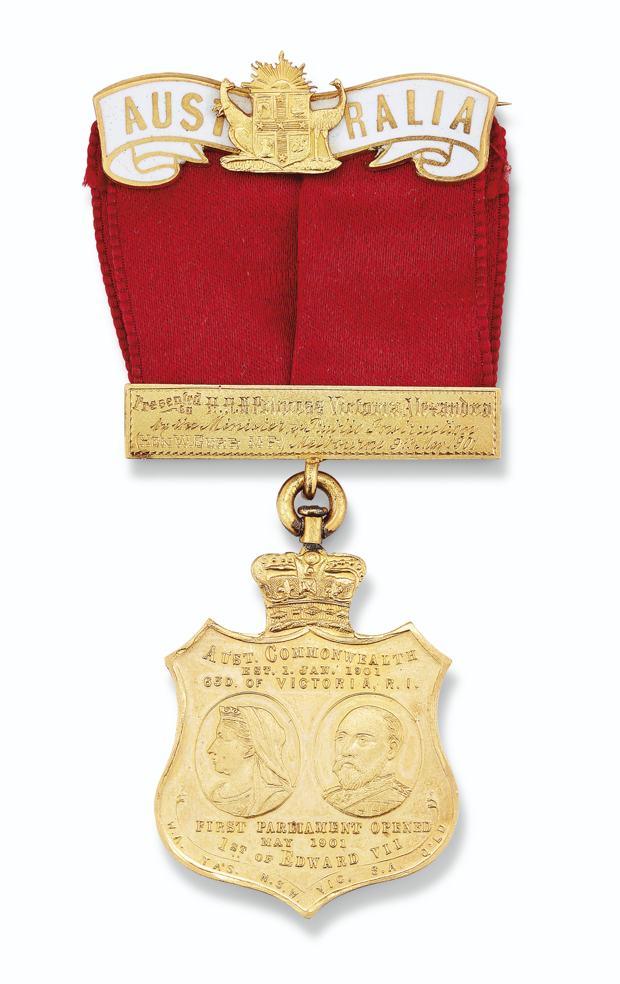 Australia, gold medal commemorating the opening of the first Federal Parliament on 9 May 1901. 8.3 cm high. Estimate: &pound;1,000-1,500. Offered in Property from Descendants of Their Majesties King George V and Queen Mary on 13 December 2019 at Christie&rsquo;s in London