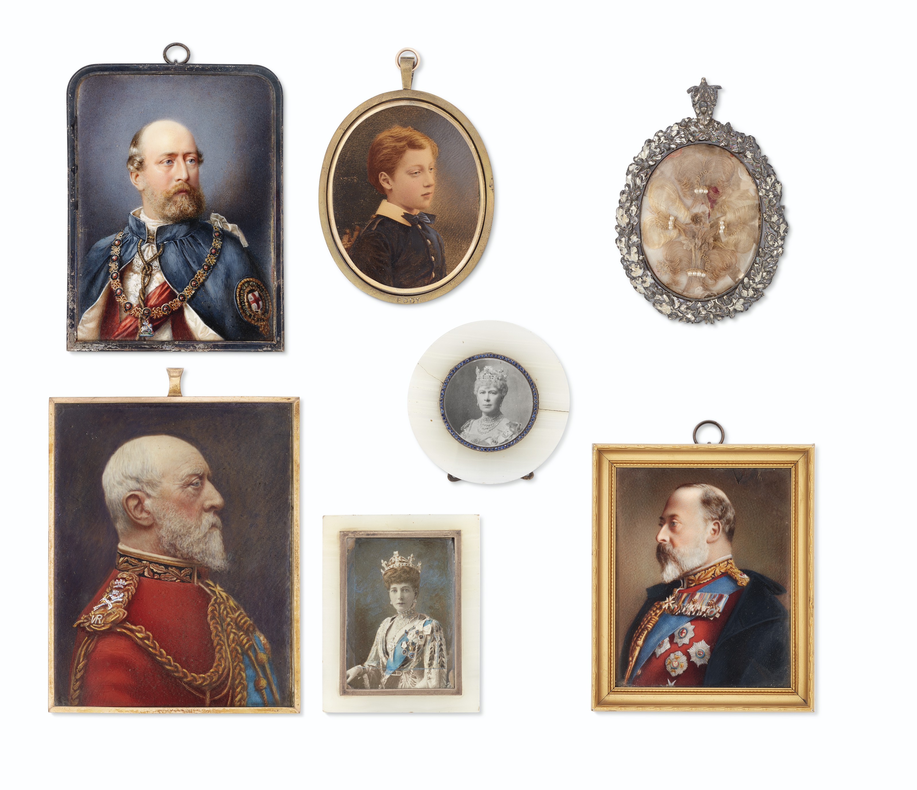 A group of seven portrait miniatures of royal sitters. Oval and rectangular, 35 to 120 mm high, framed. Estimate: &pound;1,000-1,500. Offered in Property from Descendants of Their Majesties King George V and Queen Mary on 13 December 2019 at Christie&rsquo;s in London
