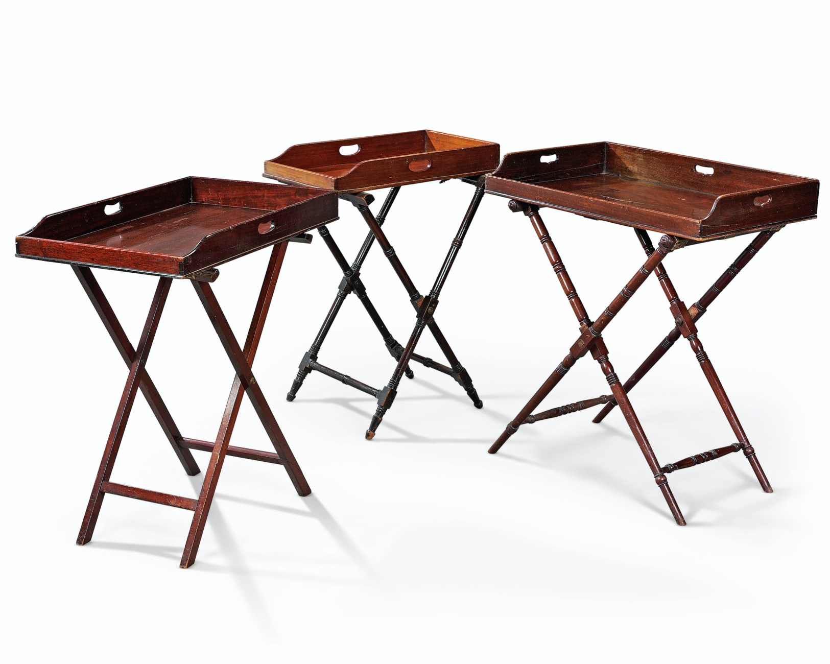 THREE ENGLISH MAHOGANY BUTLER'S TRAYS AND STANDS, LATE 18TH/19TH