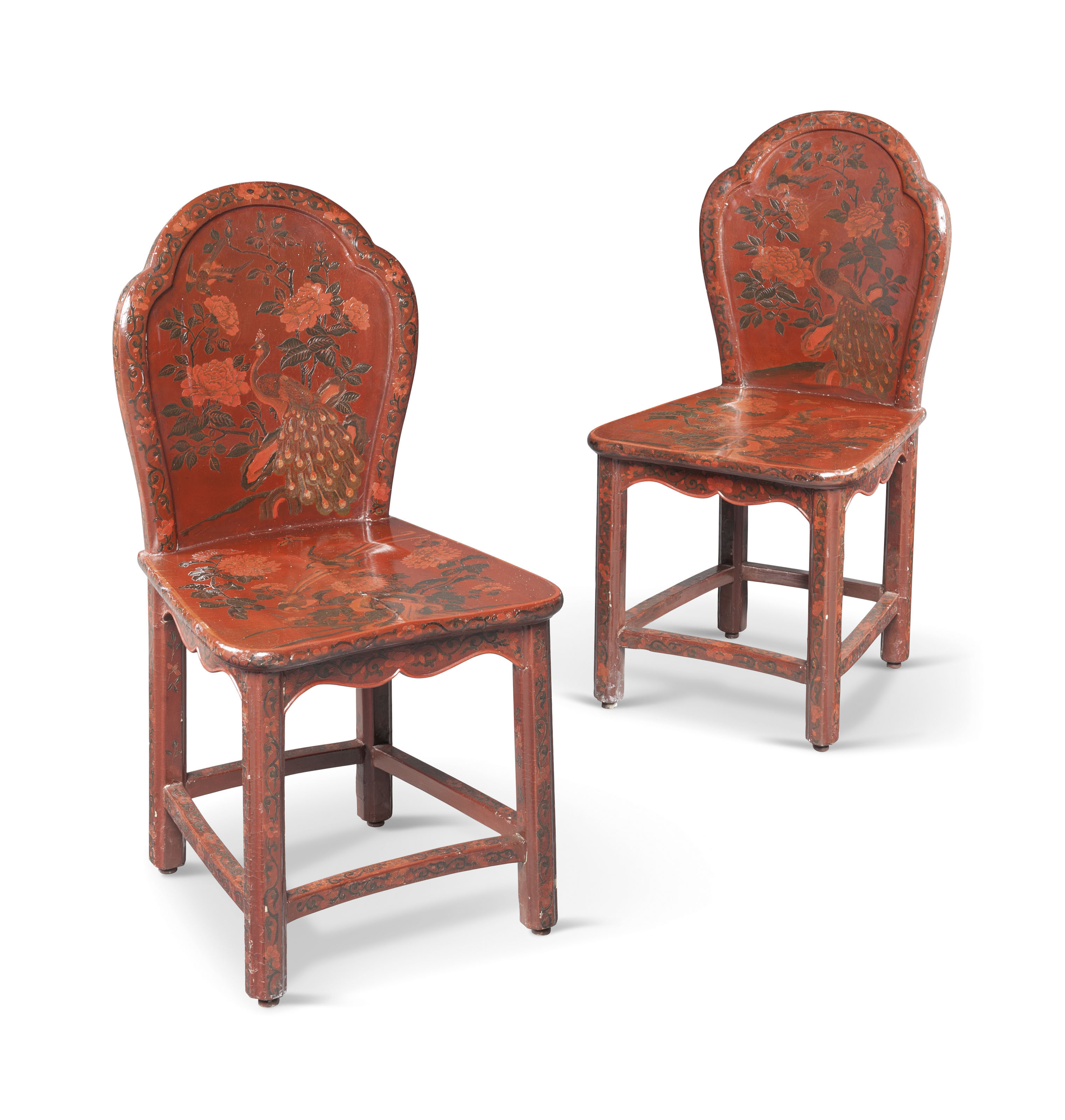 A Pair Of Chinese Red And Black Lacquer Hall Chairs Late 19th