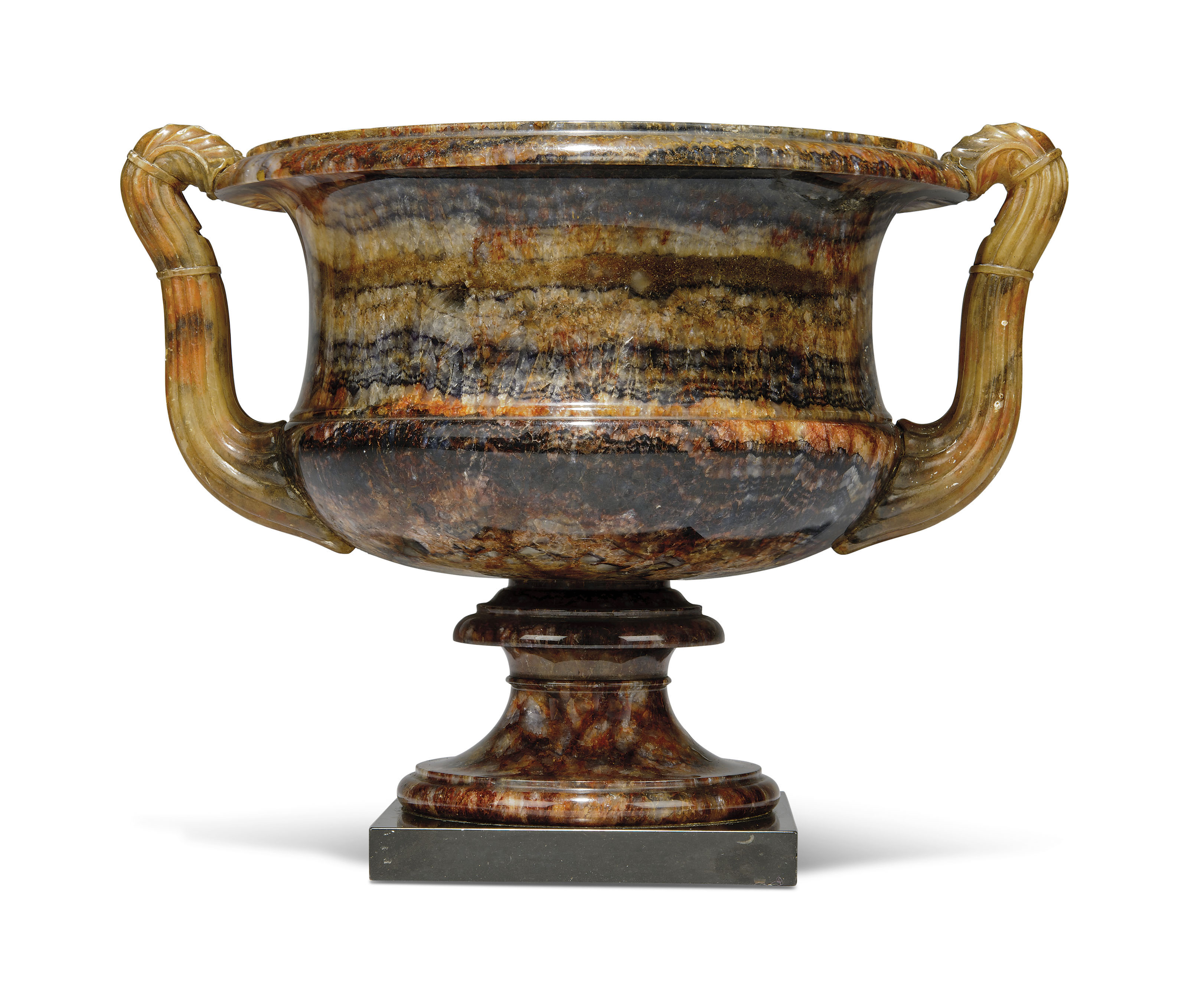A William IV alabaster-mounted Blue John two-handled vase, Derbyshire, second quarter 19th century. 11&frac12;  in (29  cm) high; 14  in (36  cm) wide. Estimate: &pound;5,000-8,000. Offered in The Collection of Drue Heinz Townhouses in London and New York with interiors by John Fowler and Renzo Mongiardino on 4 June 2019 at Christie&rsquo;s in London