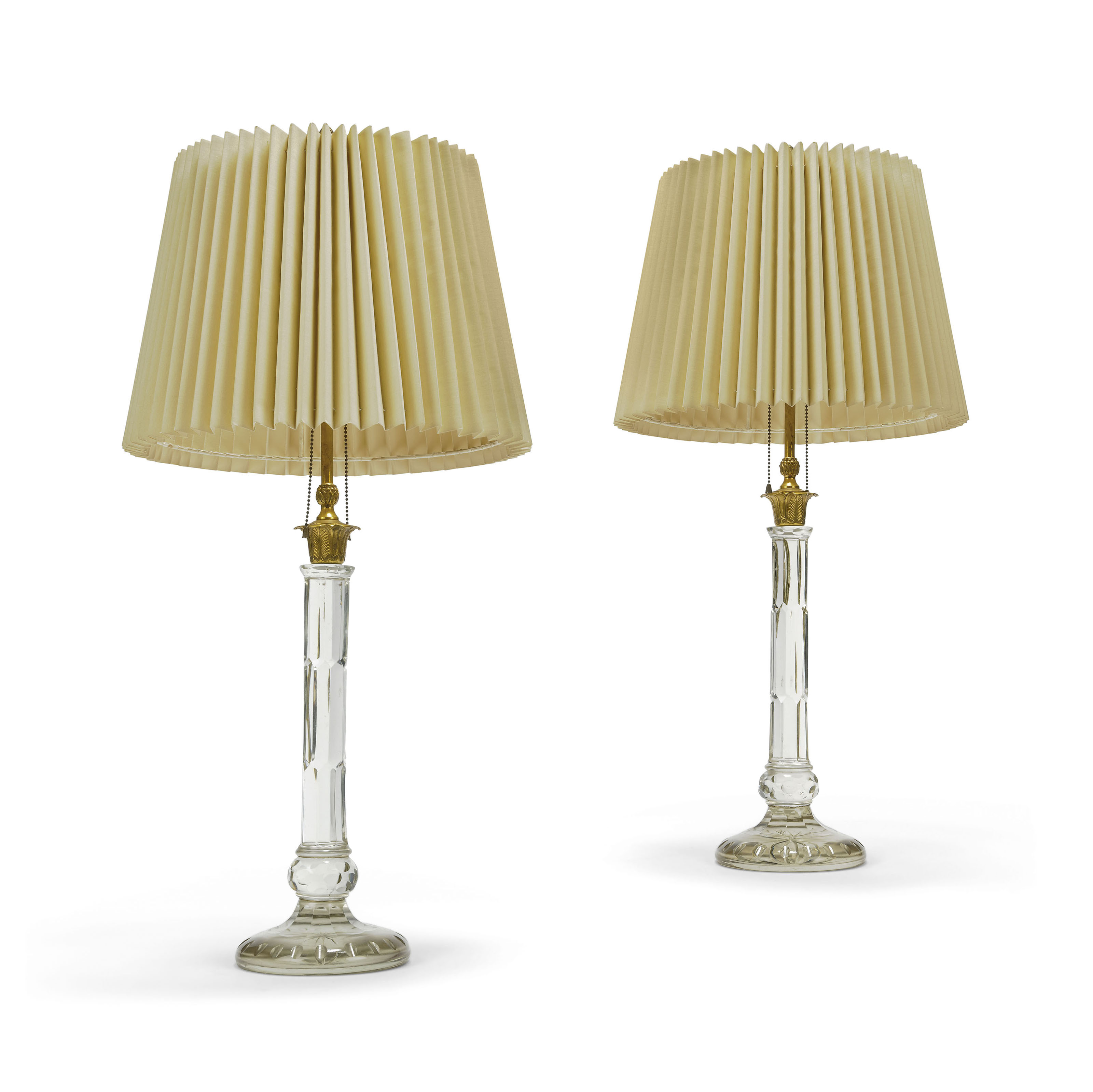 A PAIR OF FRENCH GILTMETAL MOUNTED CUTGLASS TABLE LAMPS , 20TH