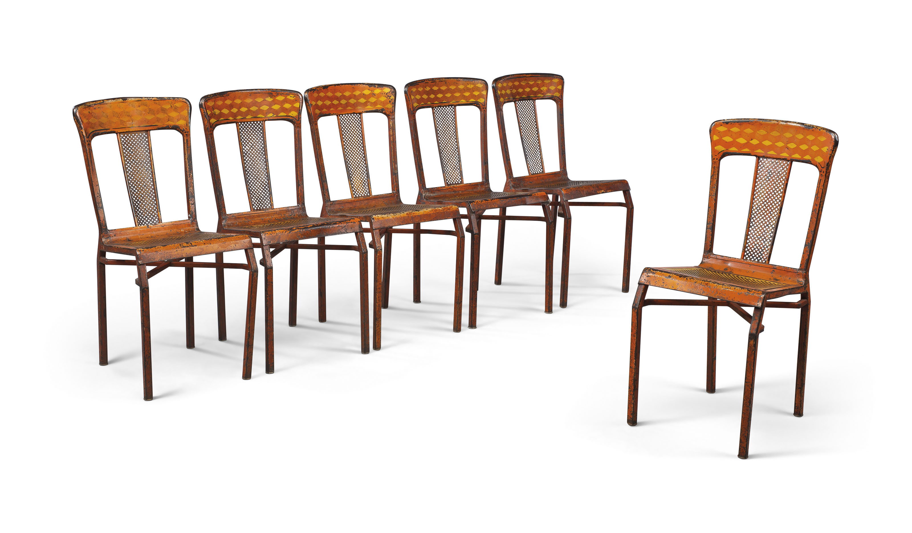 A Set Of Six Yellow And Orange Tole Cafe Chairs First Half 20th