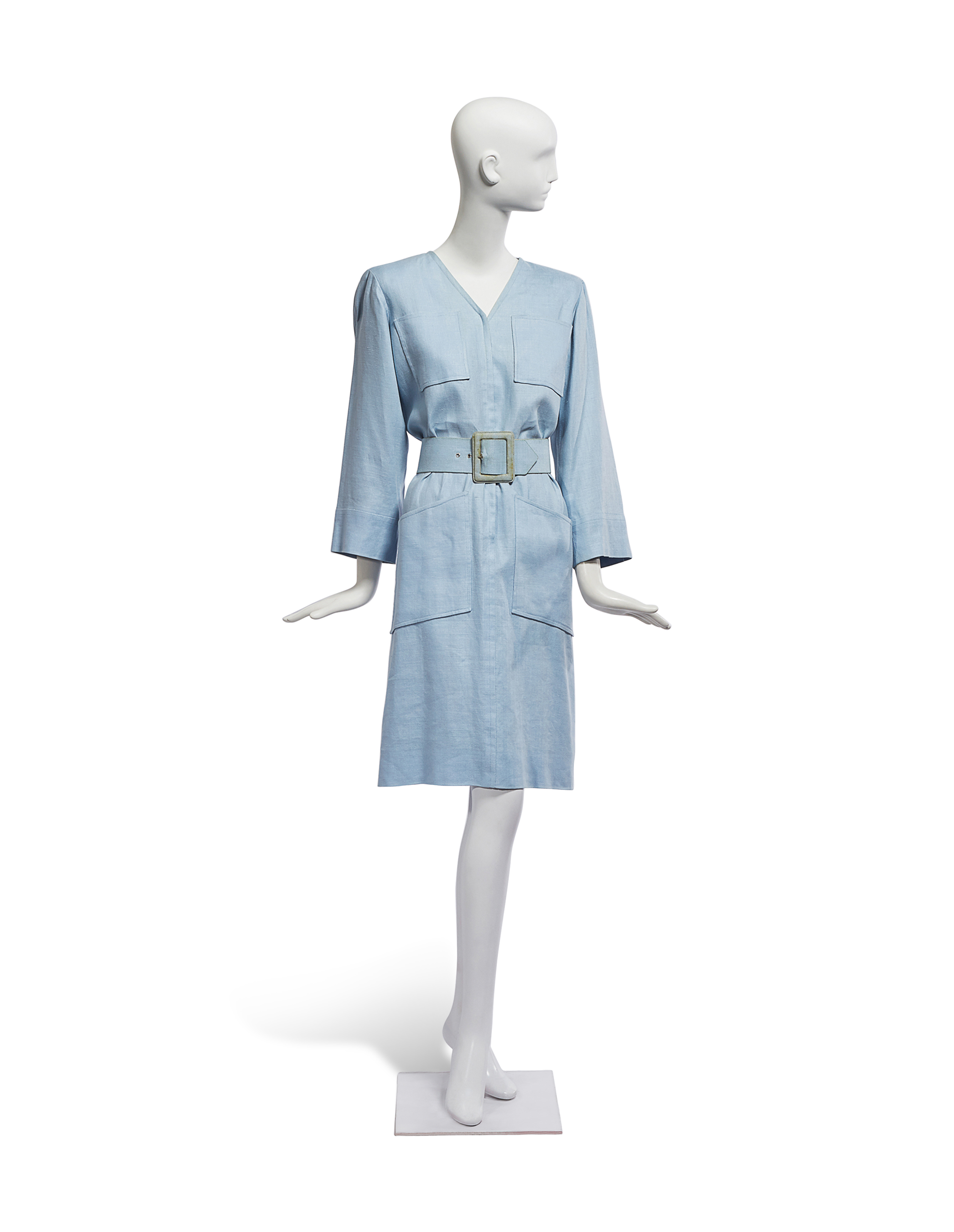 Yves Saint Laurent Haute Couture Spring Summer 19 And Circa 1990 A Light Blue Belted Day Dress And A Light Grey Jacket Christie S