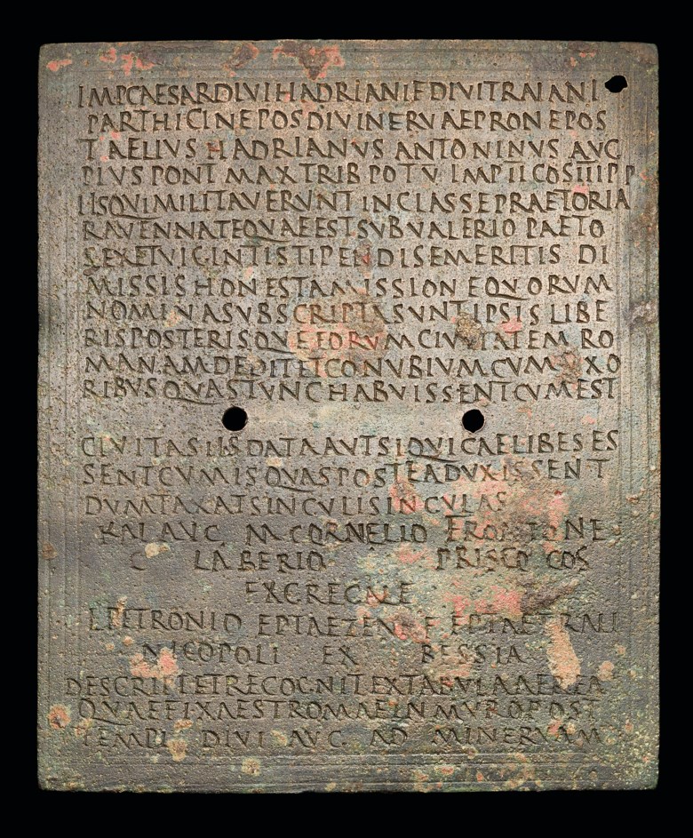 A Roman bronze fleet diploma for l. Petronio, Reign of Antoninus Pius, 143 A.D. 158 x 127 mm. Estimate £20,000-30,000. Offered in The History of Western Script Important Antiquities and Manuscripts from the Schøyen Collection on 10 July 2019 at Christie’s in London