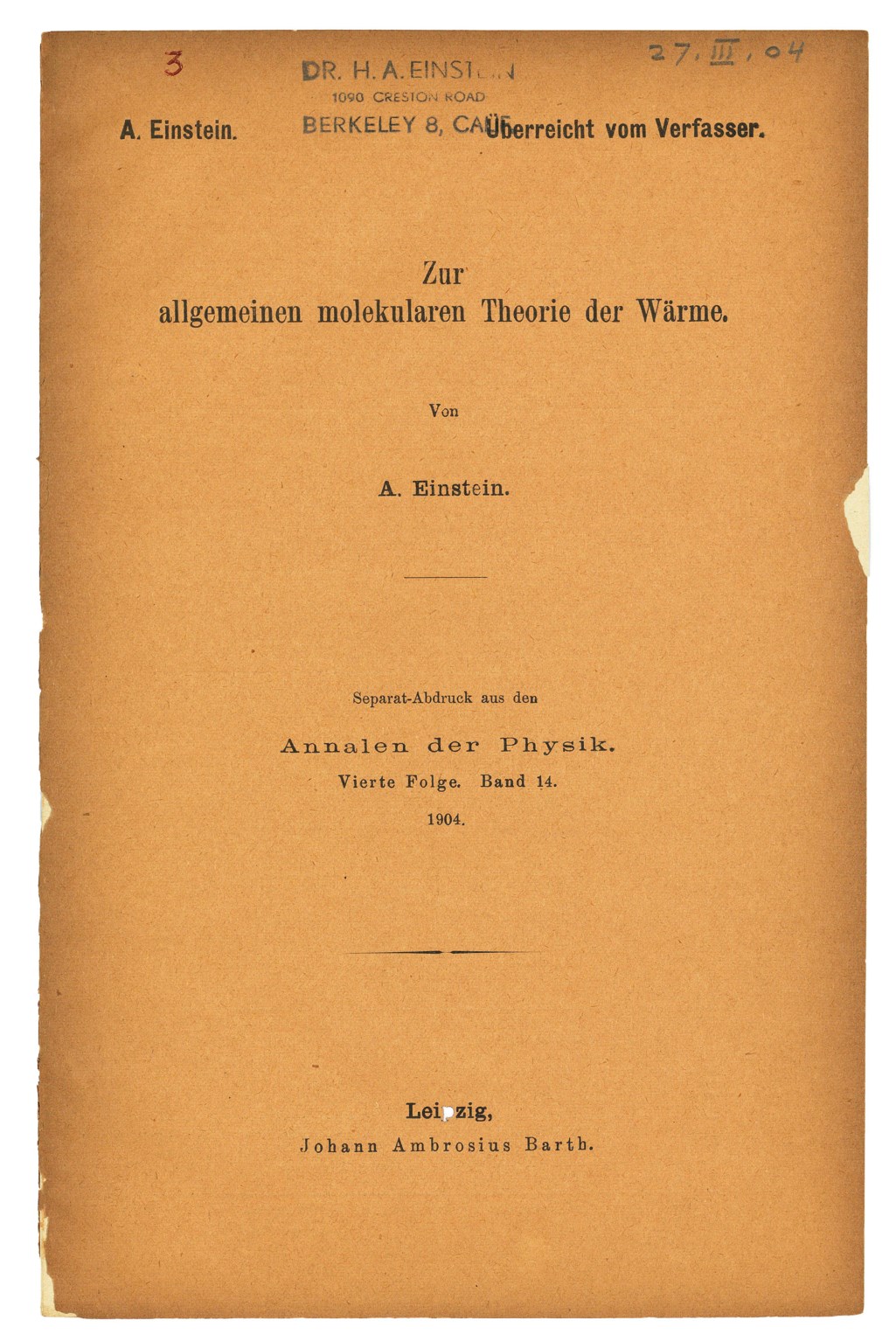 hans albert einstein s copy of one of his father s earliest papers albert einstein 1904 christie s