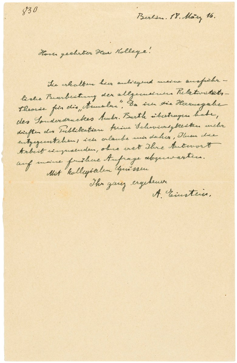 The finalisation of the general theory of relativity, Albert Einstein. 18 March 1916. Estimate £10,000-15,000. Offered in 
On the Shoulders of Giants Making the Modern World, 16-23 May 2019, Online