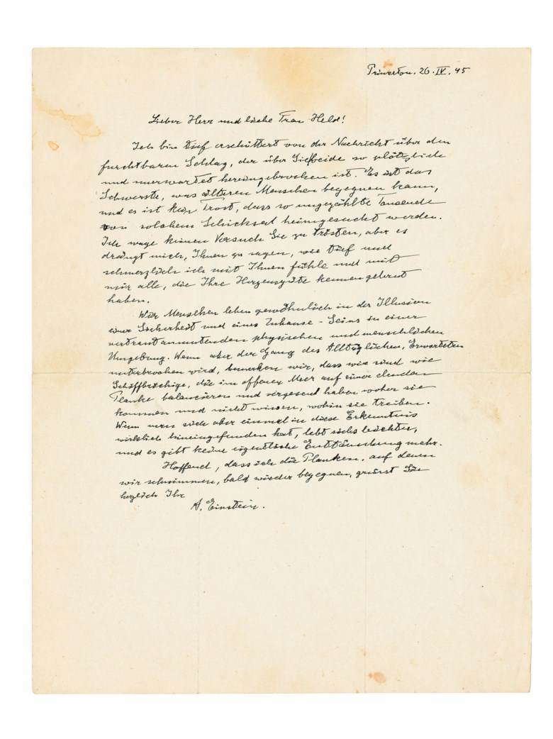 ‘We are like shipwrecked beings’, Albert Einstein. 26 April 1945. A letter of condolence, ending on a tone of melancholic humour. Estimate £20,000-30,000. Offered in 
On the Shoulders of Giants Making the Modern World, 16-23 May 2019, Online