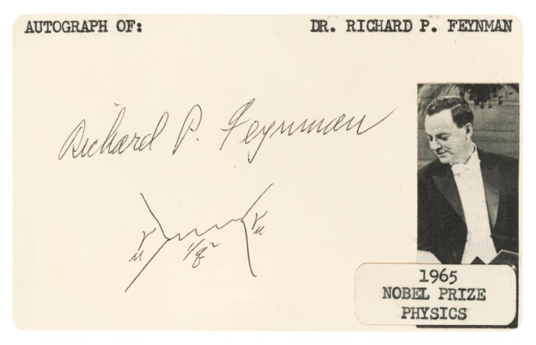 Feynman and his diagram, Richard Feynman. The first signed ‘Feynman diagram’ to appear at international auction, illustrating the exchange of a virtual photon between two electrons, is reprised almost exactly here. Estimate £10,000-15,000. Offered in 
On the Shoulders of Giants Making the Modern World, 16-23 May 2019, Online