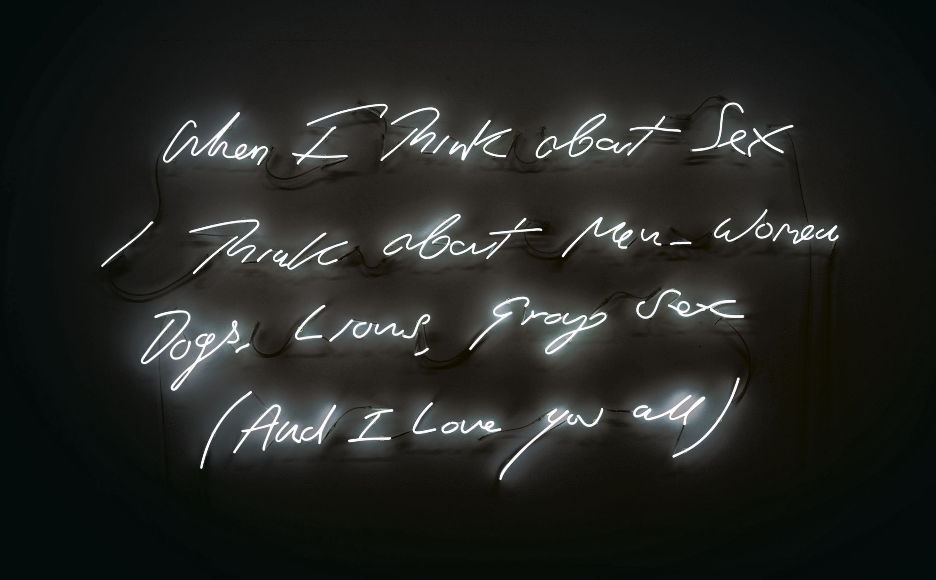 Tracey Emin (b. 1963), When I Think about Sex I Think about Men &mdash; Women, Dogs, Lions, Group Sex (And I Love You All), executed in 2005. Snow white neon. 46⅞ x 92⅛ in (119 x 234 cm).  This work is number one from an edition of three. Estimate: &pound;40,000-60,000. Offered in The George Michael Collection Evening Auction on 14 March 2019 at Christie&rsquo;s in London