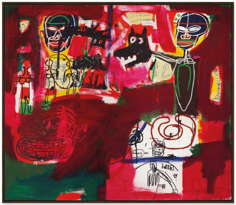 Jean-Michel Basquiat (1960-1988), Sabado por la Noche (Saturday Night), executed in 1984. 77 x 88 in (195.6 x 223.5 cm). Sold for £8,378,250 on 25 June 2019 at Christie’s in London