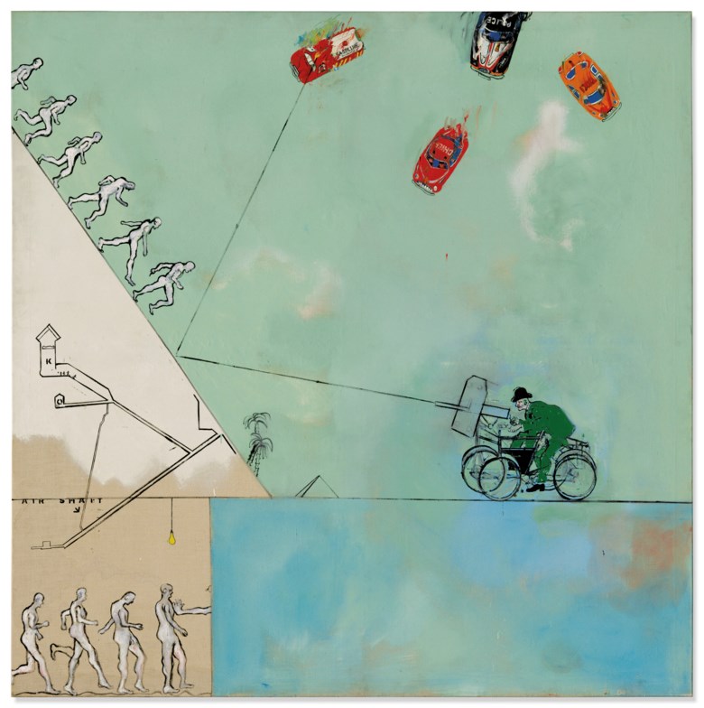 Derek Boshier (b. 1937), Man Versus Look, Versus Life, Versus Time, Versus Man About, painted in 1962. 72⅜ x 72 ½ in (183 x 183 cm). Sold for £237,500 on 25 June 2019 at Christie’s in London