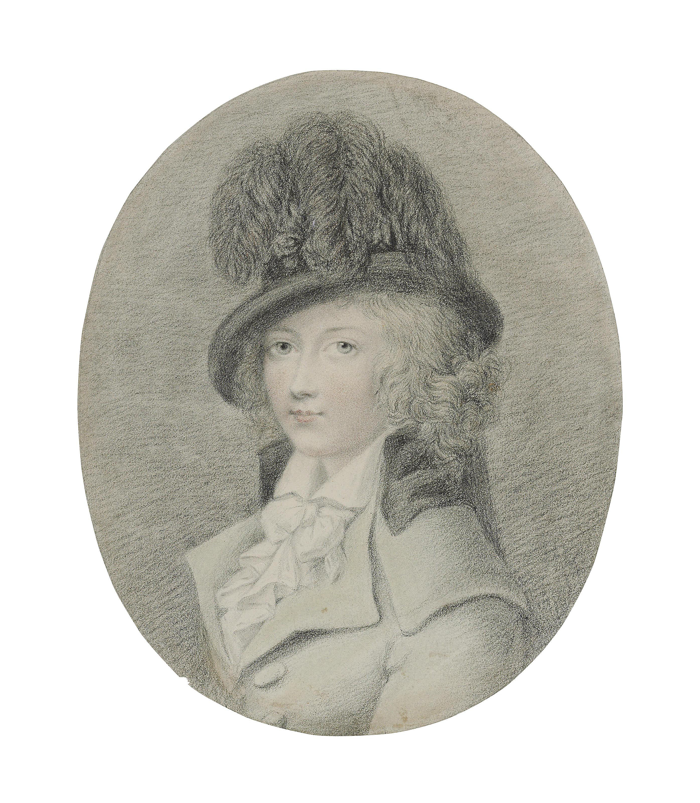 Portrait of a lady in a plumed hat, a pale green coat and a white stock, bust-length